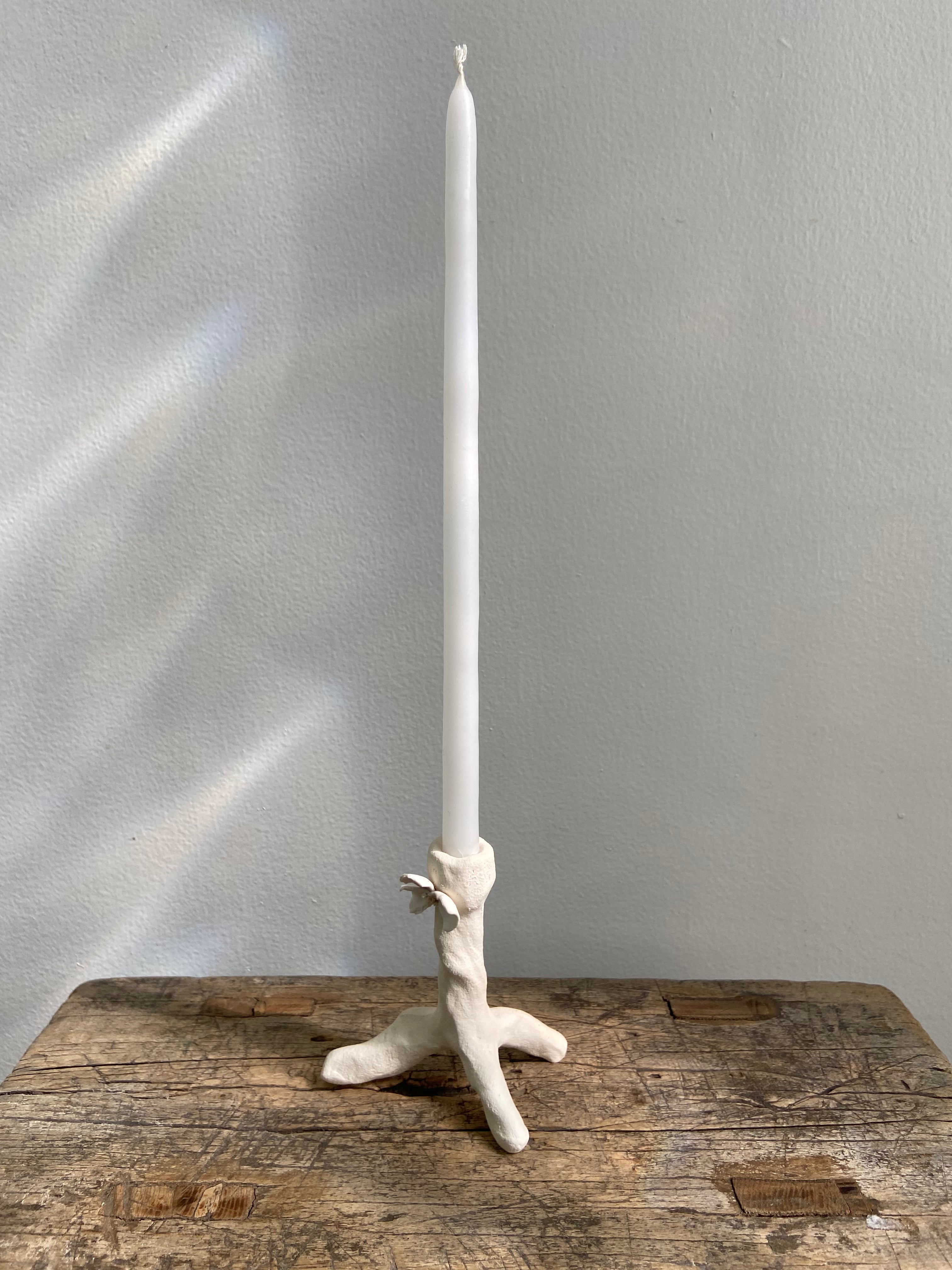 Natural White Ceramic Candleholder with Flowers, Small