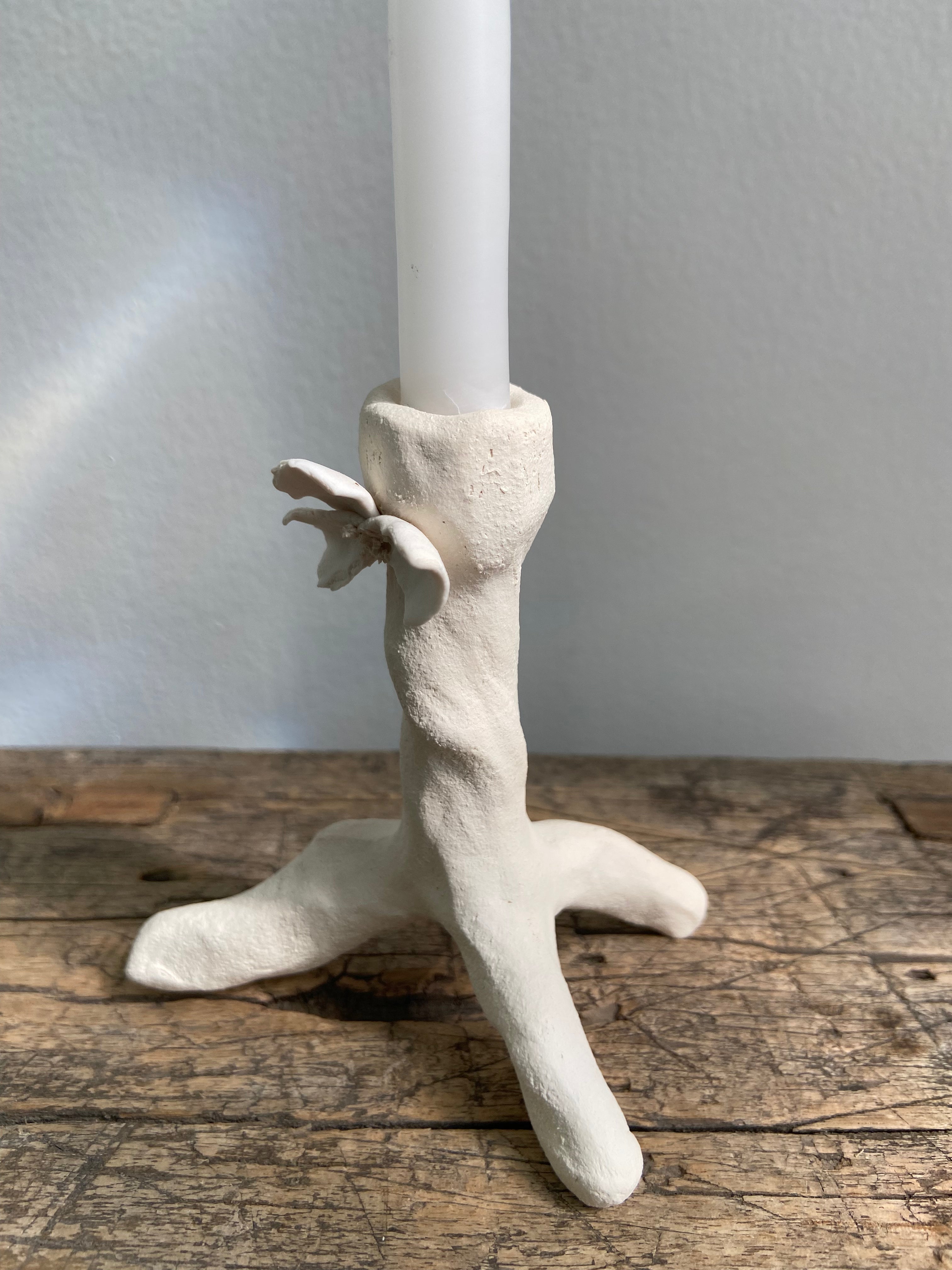 Natural White Ceramic Candleholder with Flowers, Small