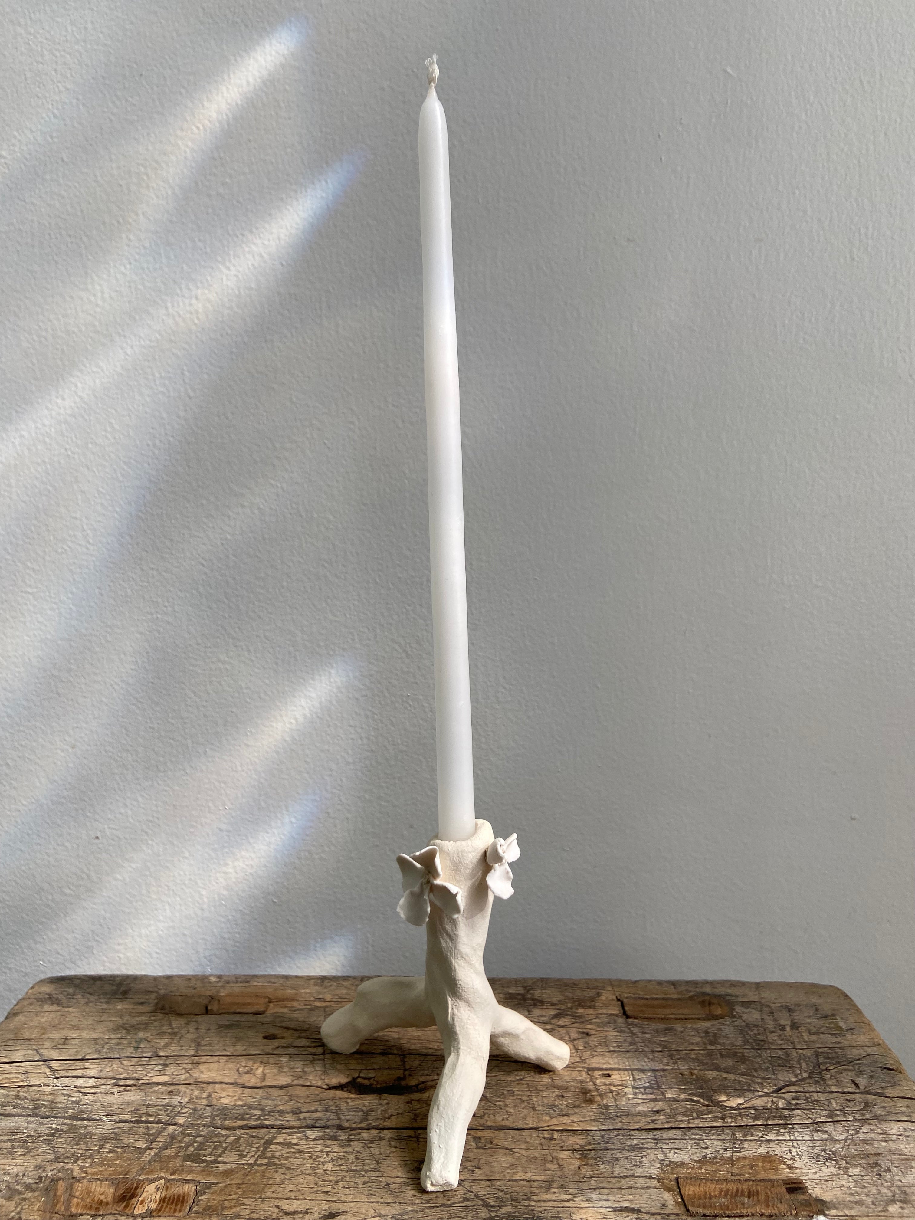 Natural White Ceramic Candleholder with Flowers, Small