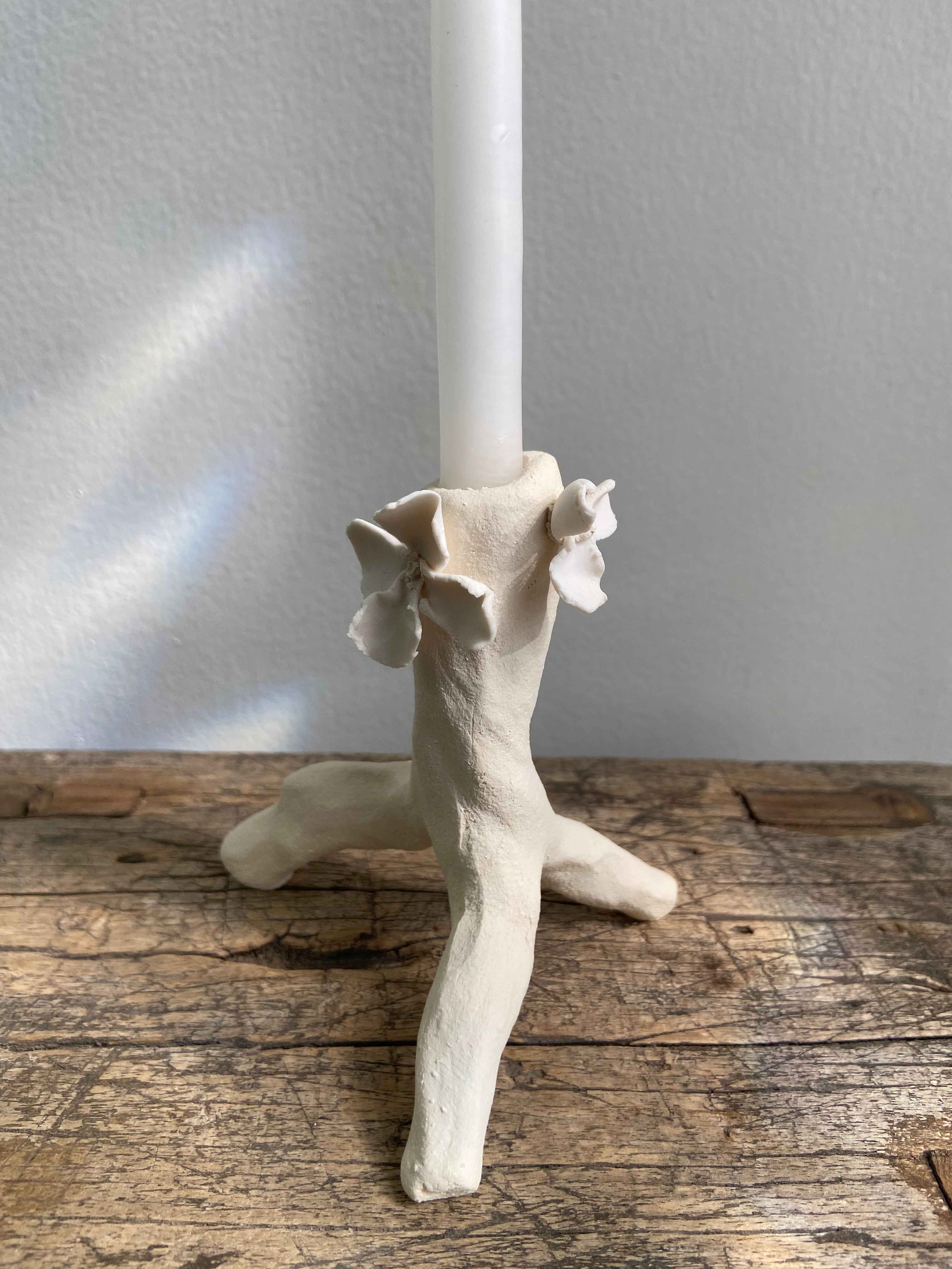 Natural White Ceramic Candleholder with Flowers, Small