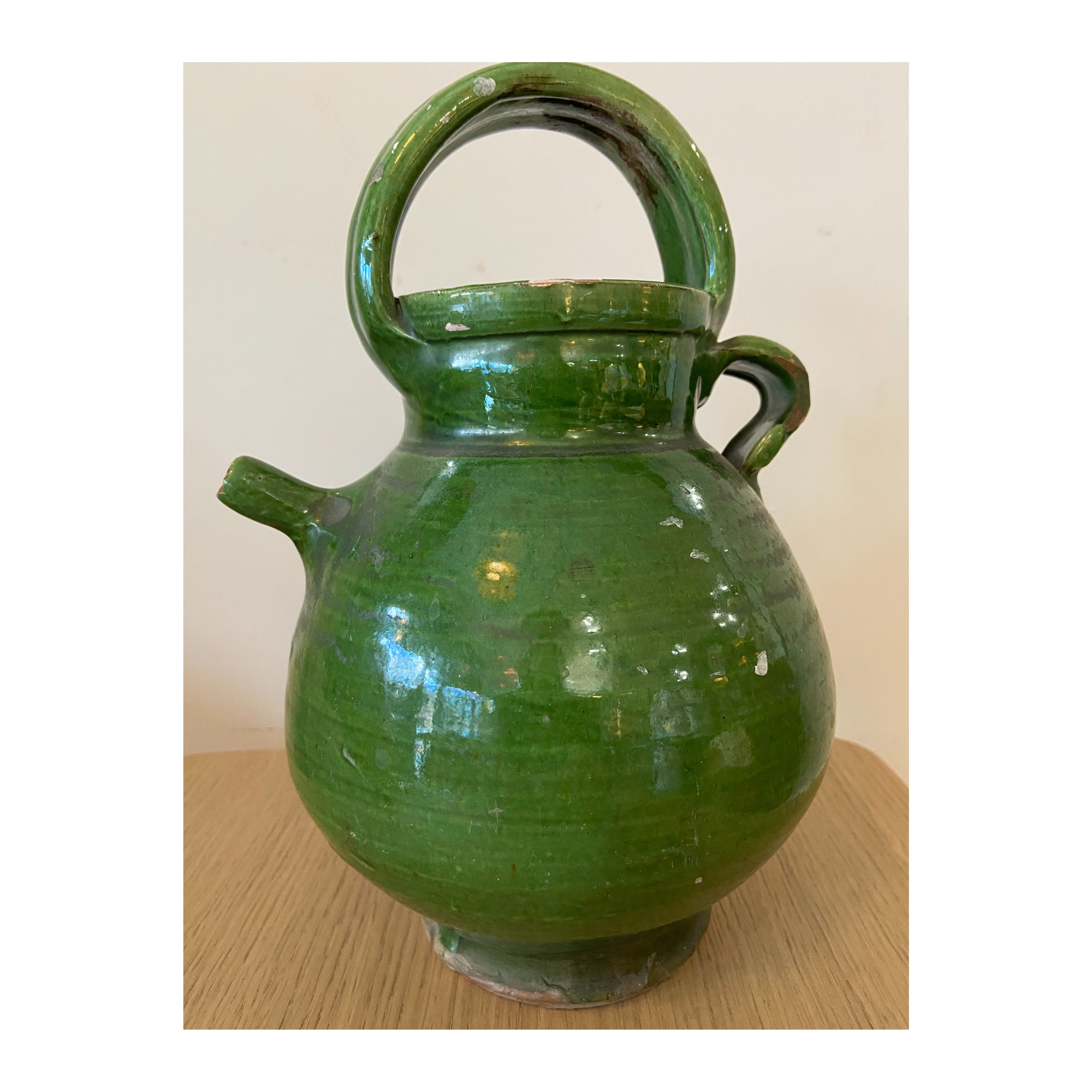 Small Vintage French Green Glazed Terracotta Oil Pot