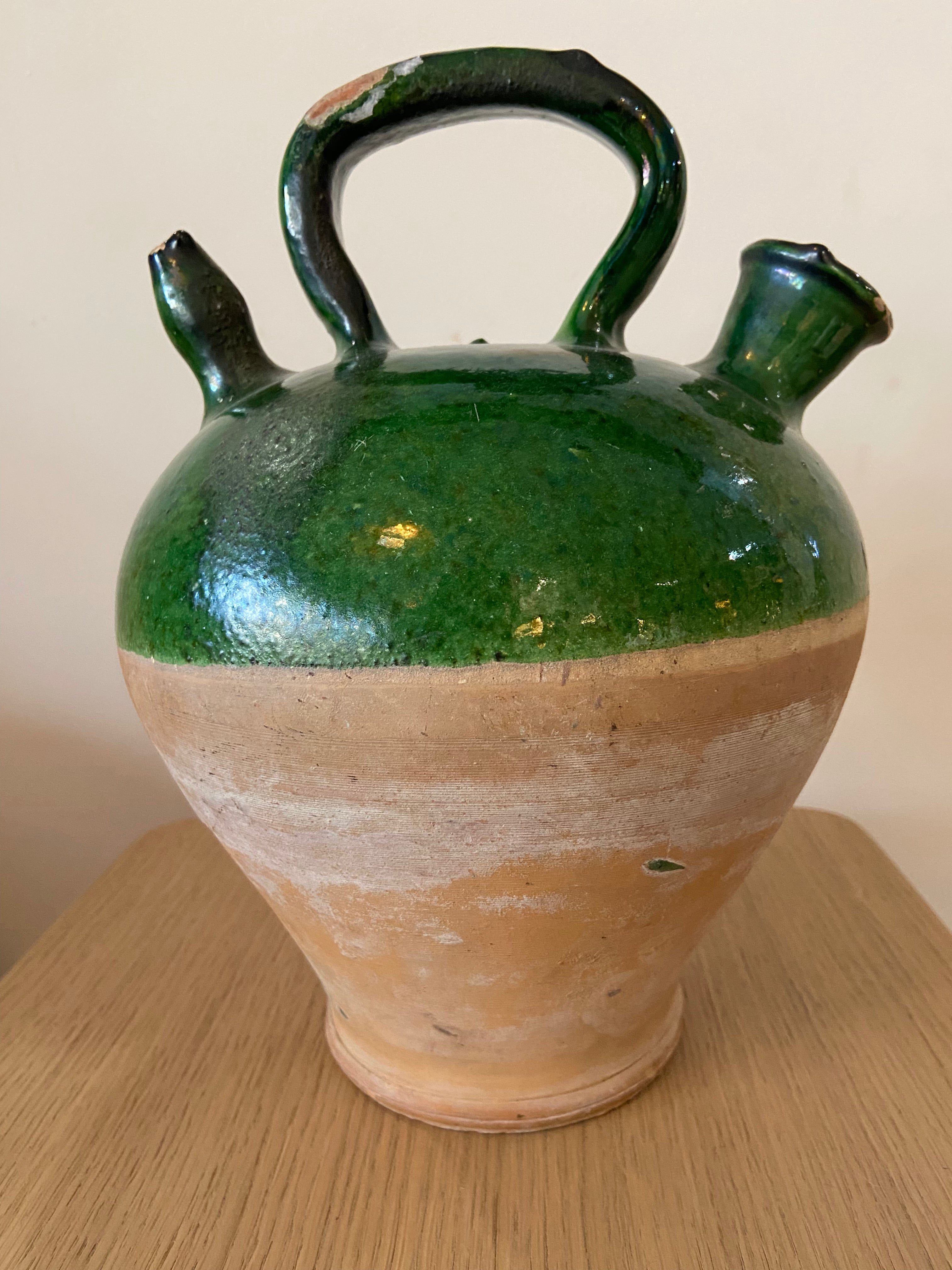 Vintage French Green Glazed Terracotta Oil Pot, Medium