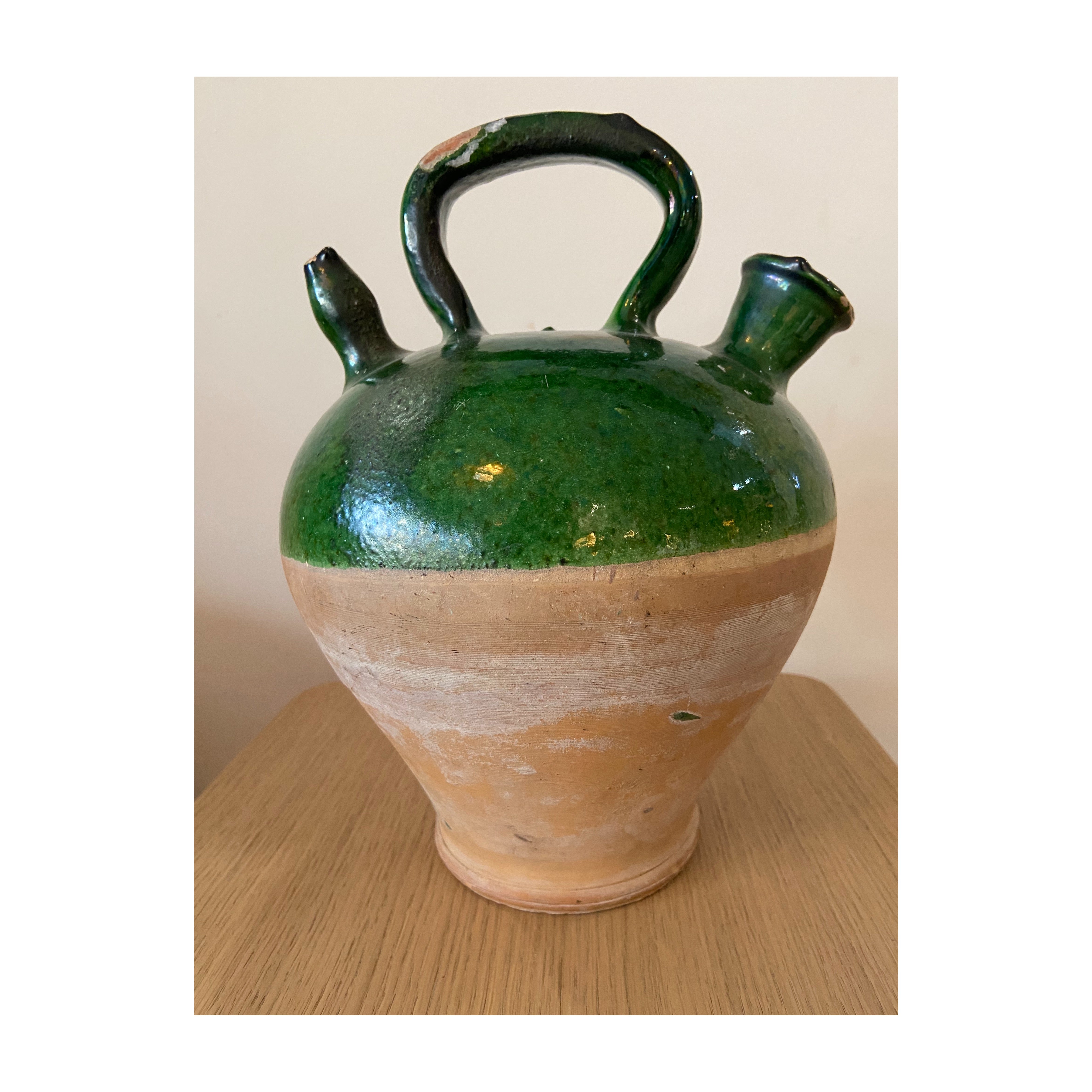 Vintage French Green Glazed Terracotta Oil Pot, Medium