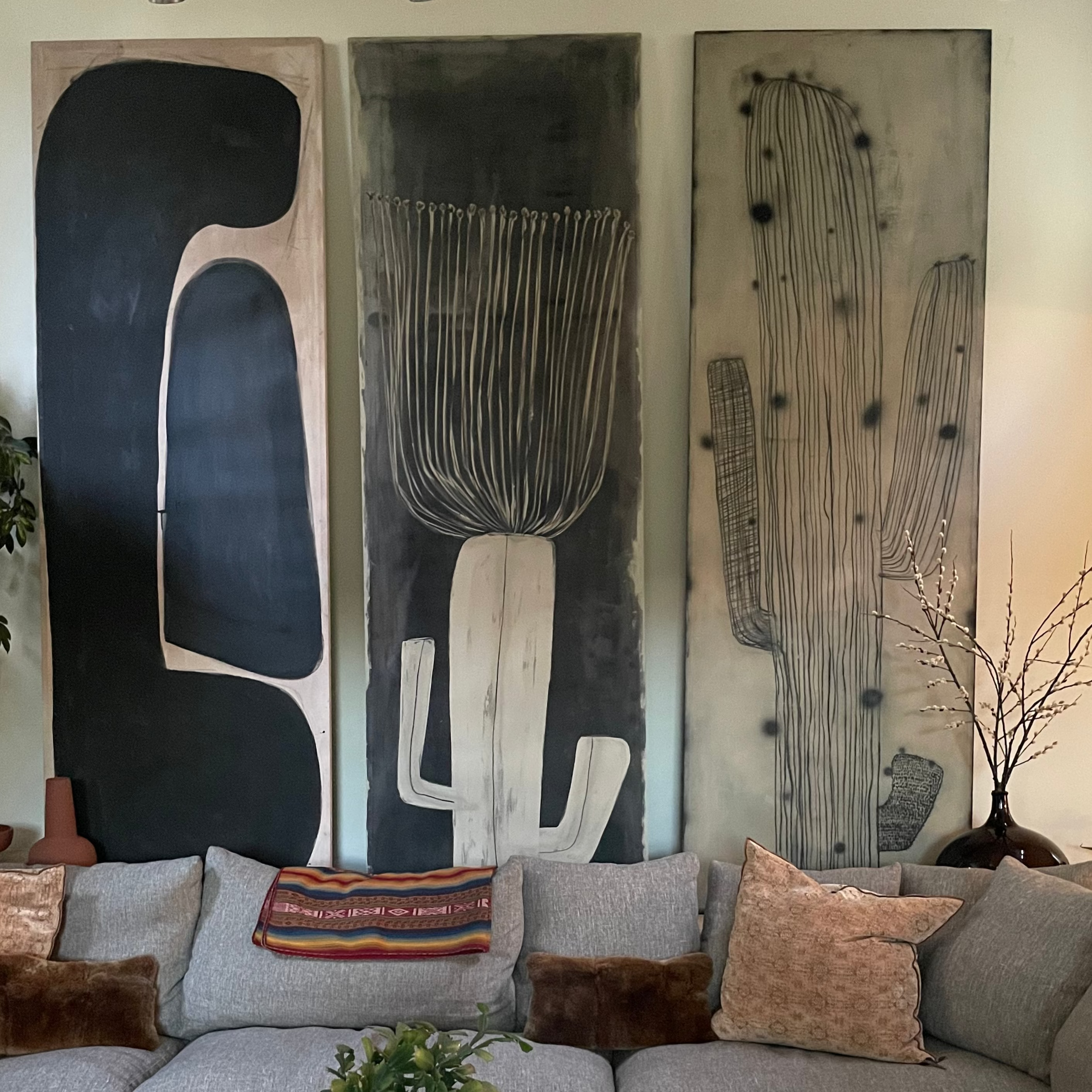Large Scale Black and White Cactus Painting by Niki Robette  36" x 111" x