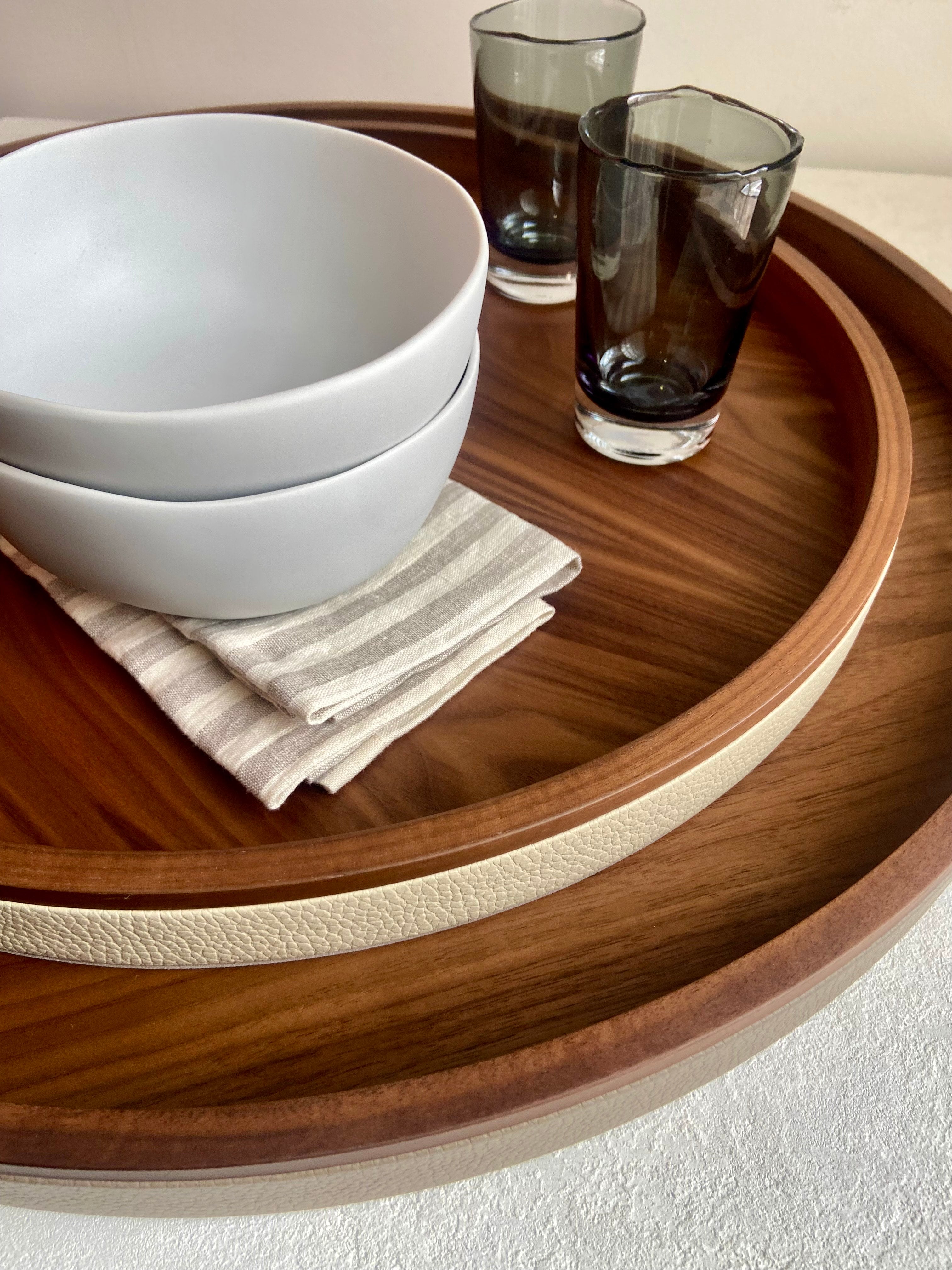 Dama Leather & Walnut Wood Round Tray Large