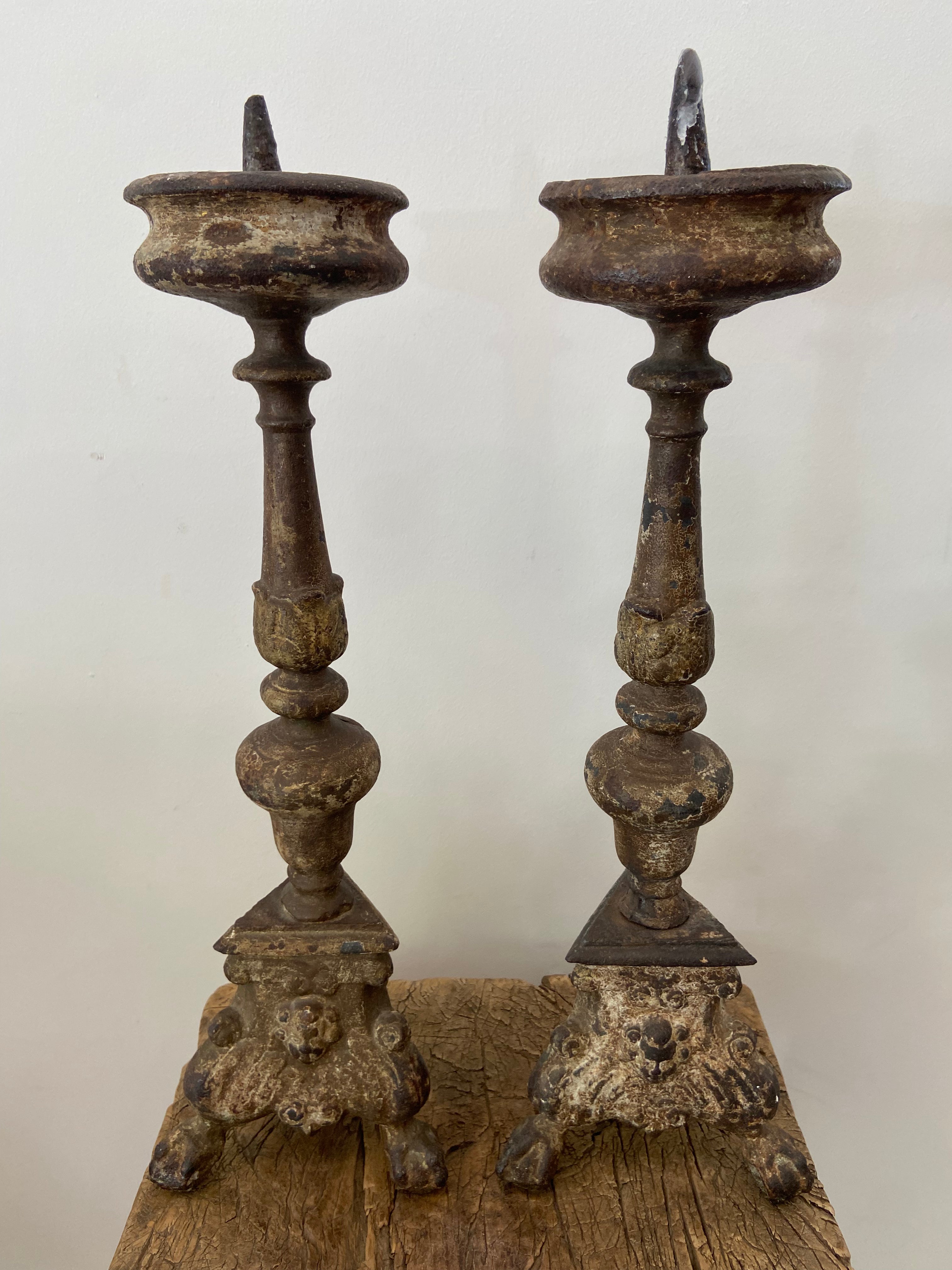 Pair of French Antique Iron Church Candlesticks