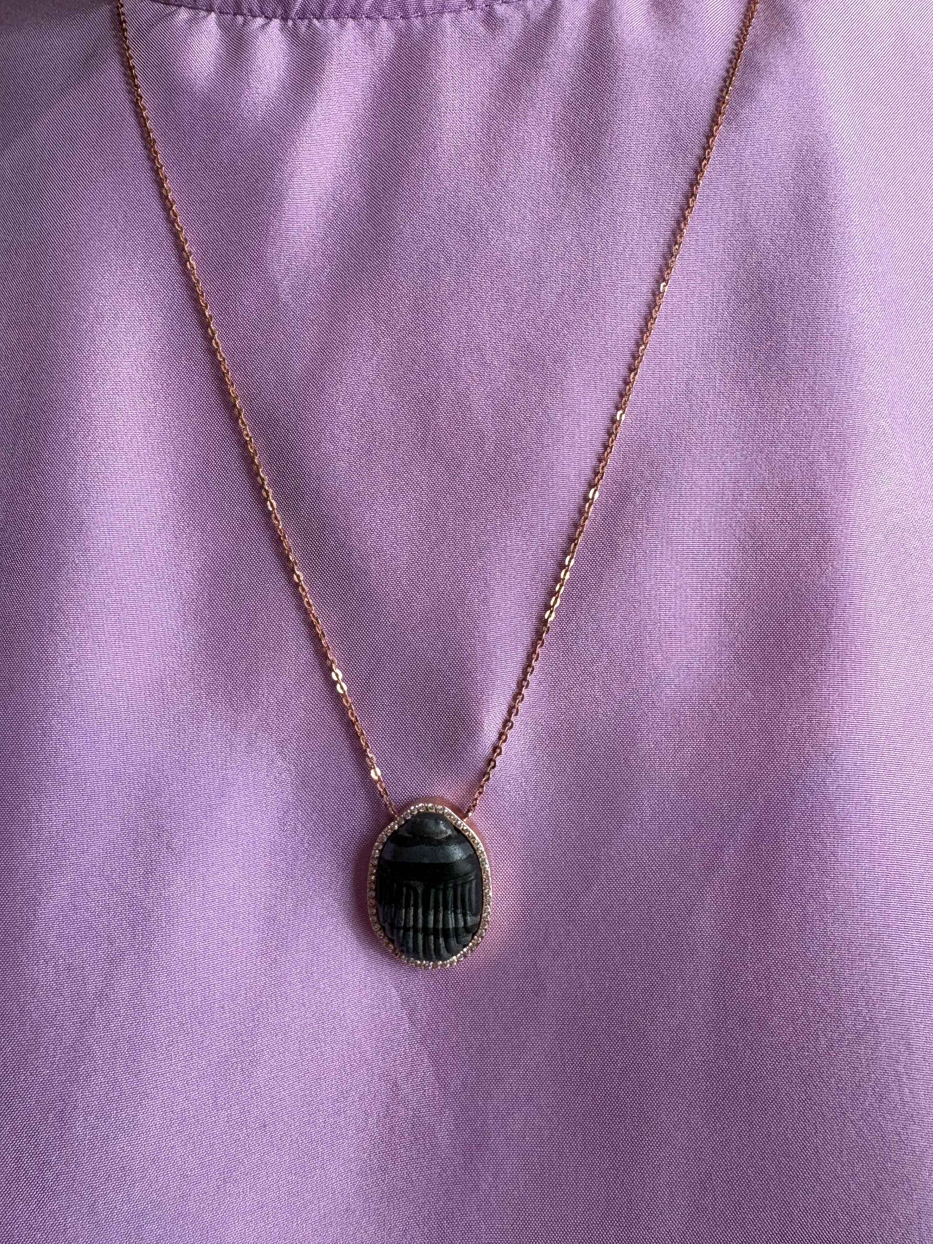 Lito 14kt. Pink Gold Scapular Necklace with Diamonds and Carved Mineral Stone Scarabs 27"
