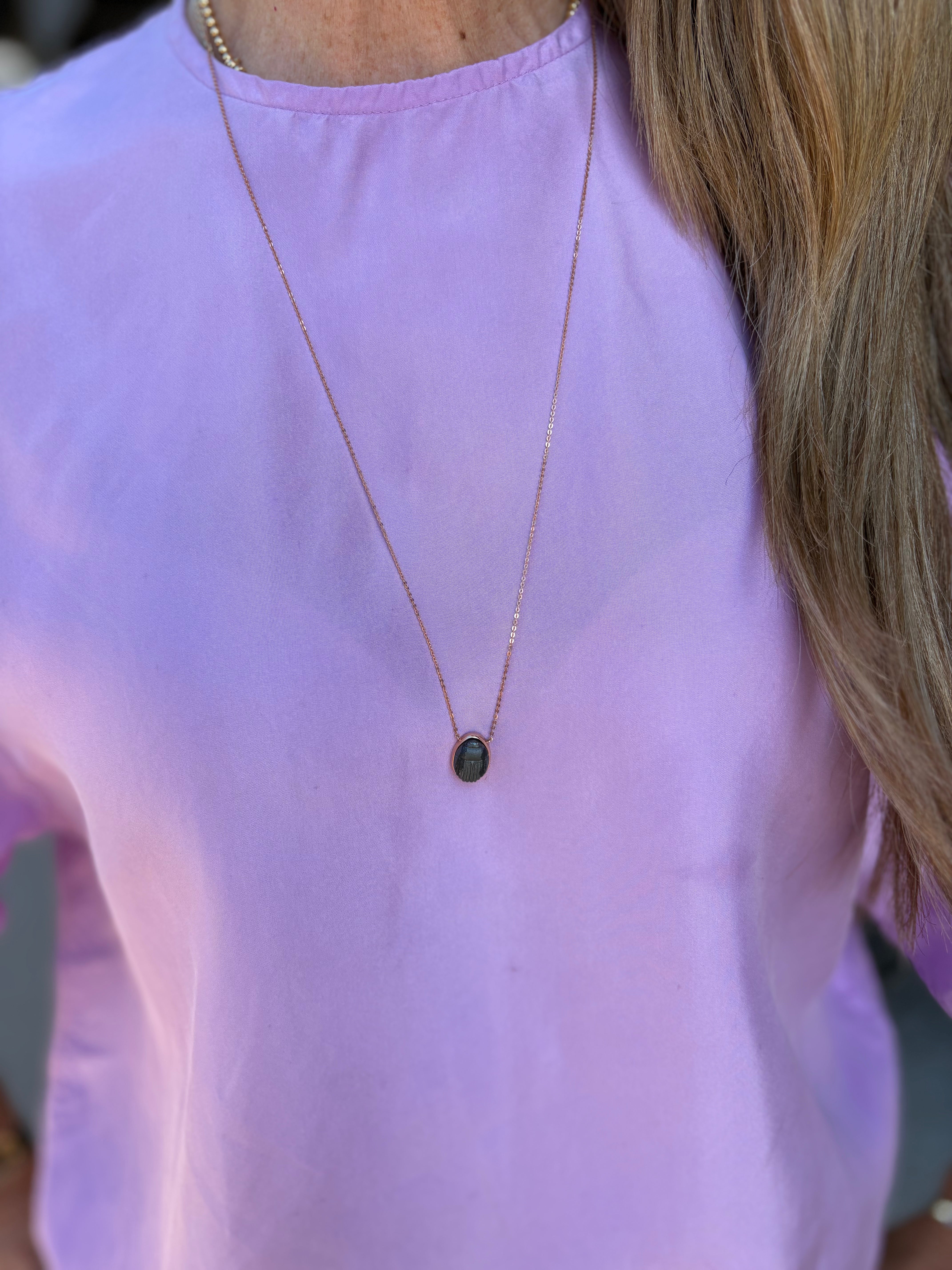 Lito 14kt. Pink Gold Scapular Necklace with Diamonds and Carved Mineral Stone Scarabs 27"