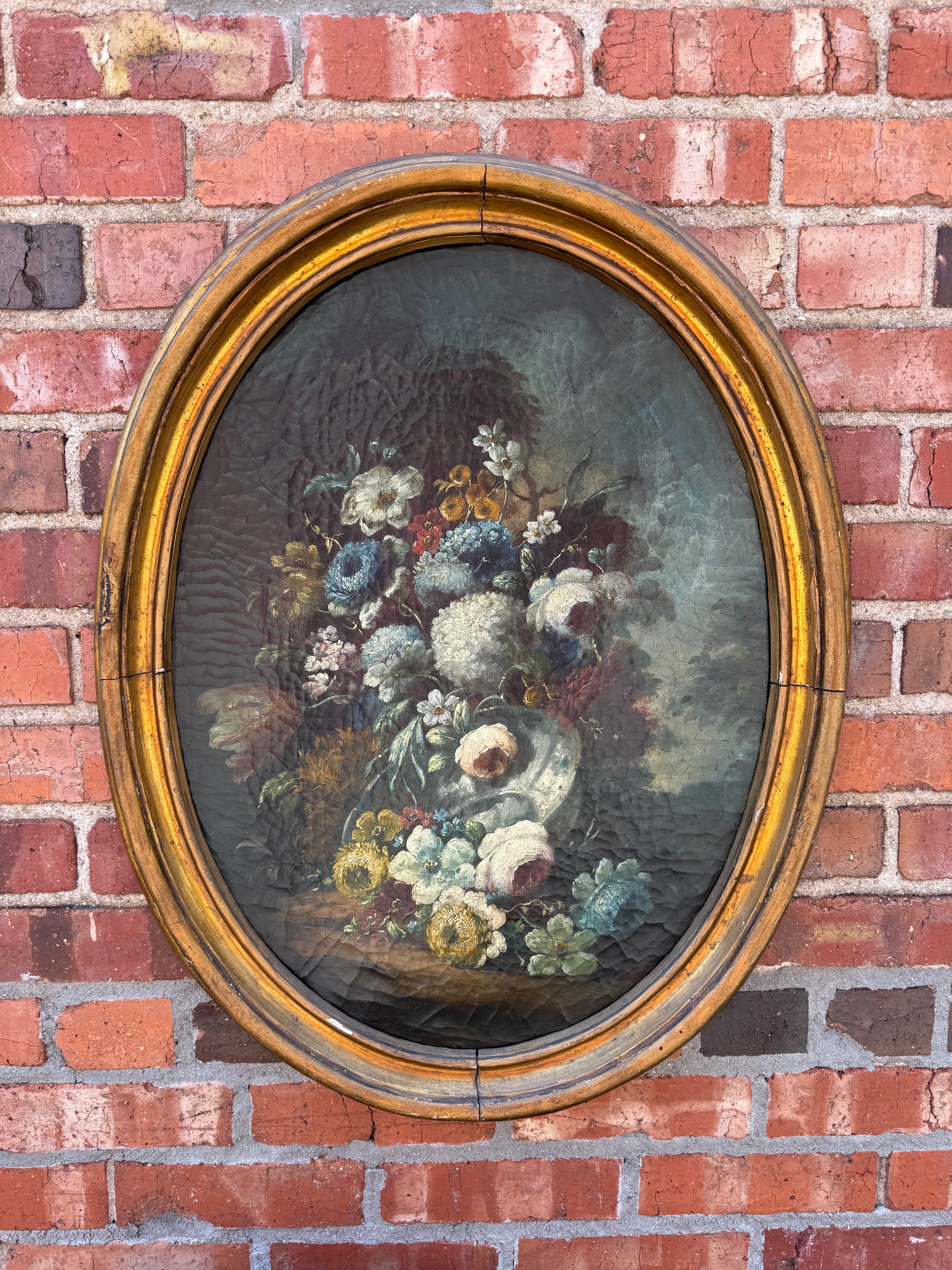 Antique French Oval Floral Painting