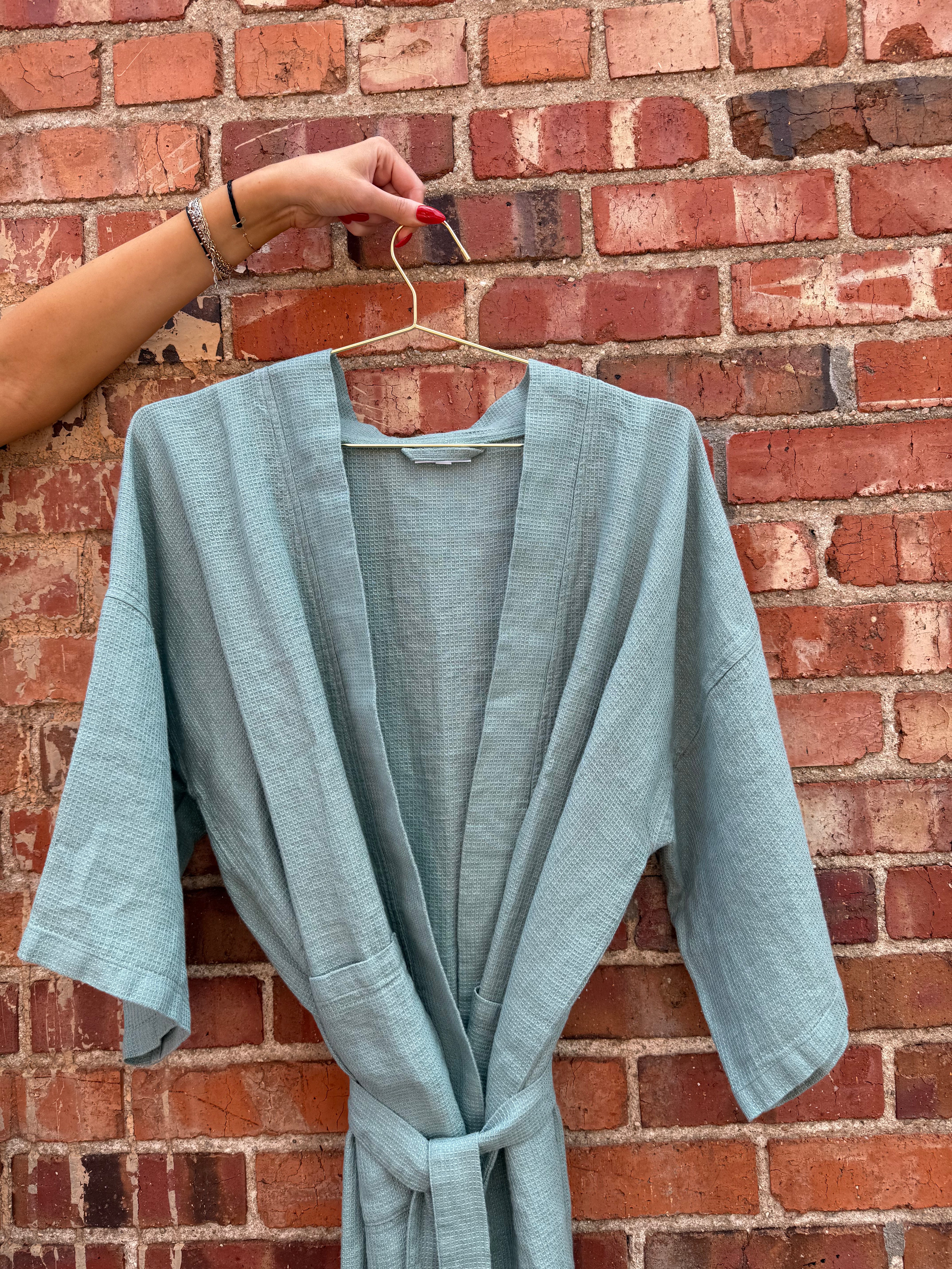 100% Washed Linen Waffle Texture Kimono Robe - OS