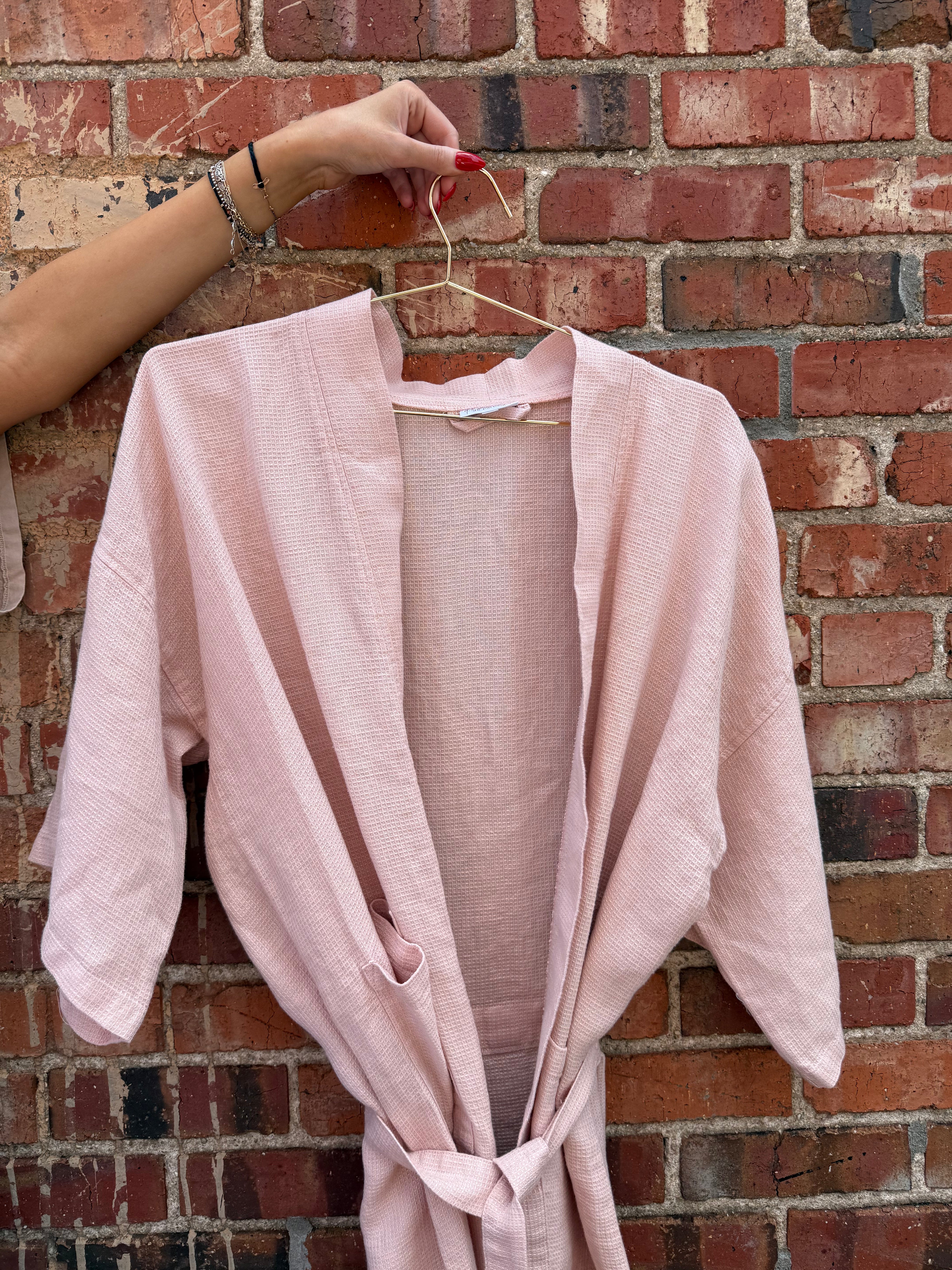 100% Washed Linen Waffle Texture Kimono Robe - OS