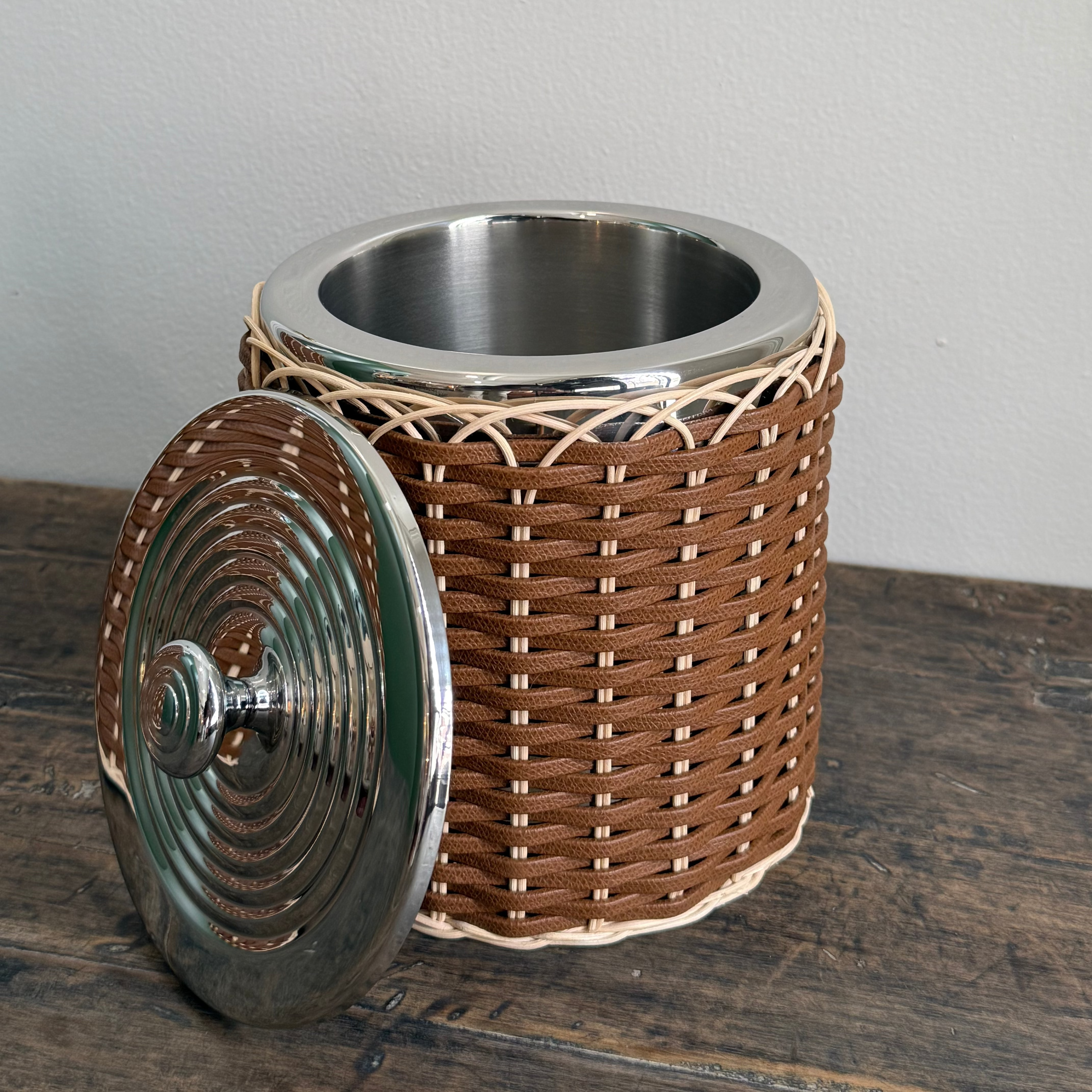 MENTON LEATHER & RATTAN ICE BUCKET SMALL