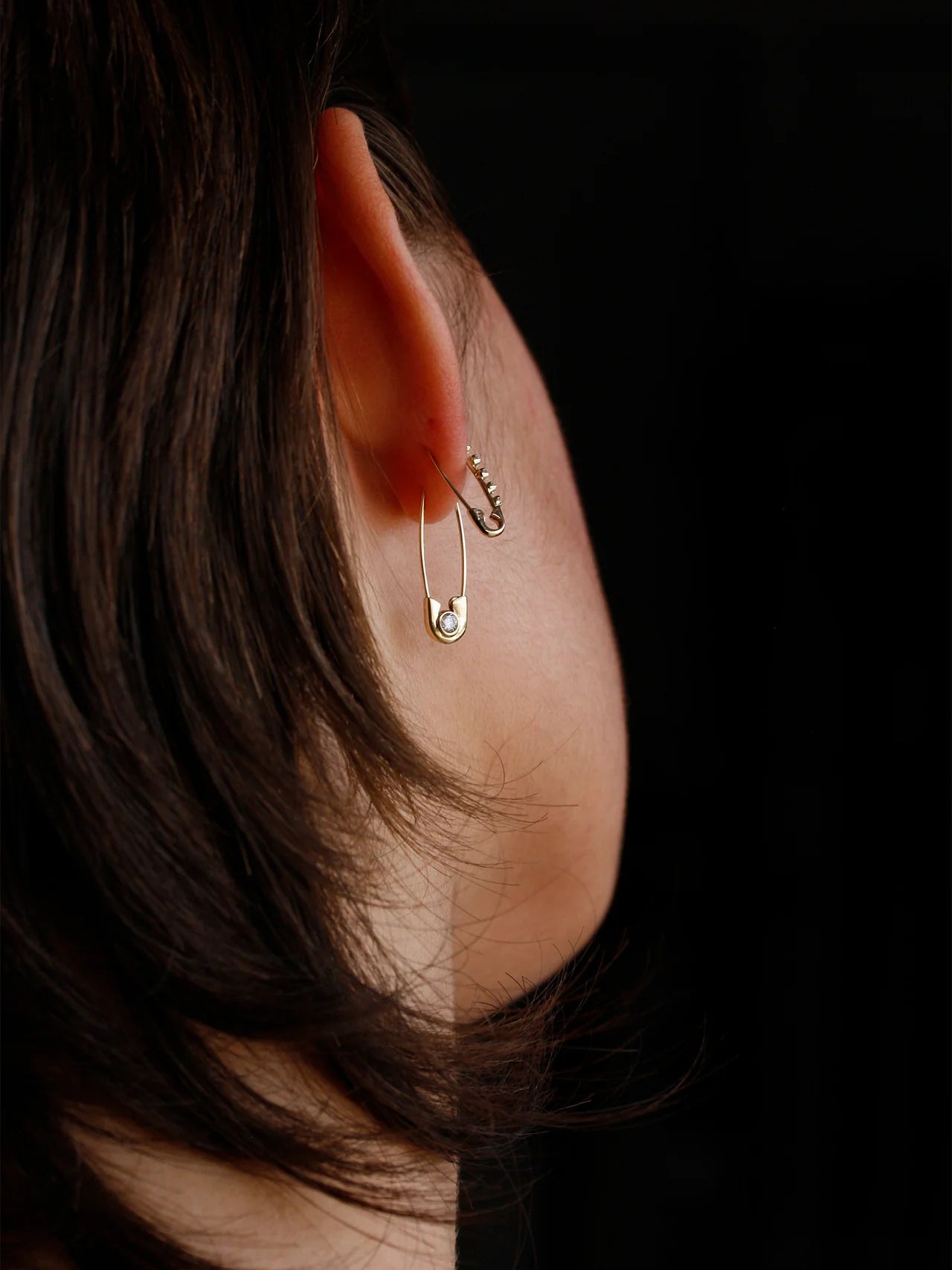 Loren Stewart Single Diamond Cirque Safety Pin Earring 14kt YG