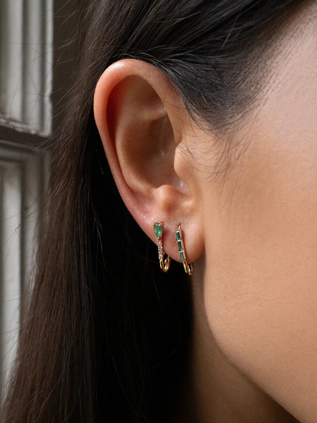 Loren Stewart Single Emerald Baguette Mini Safety Pin Earring