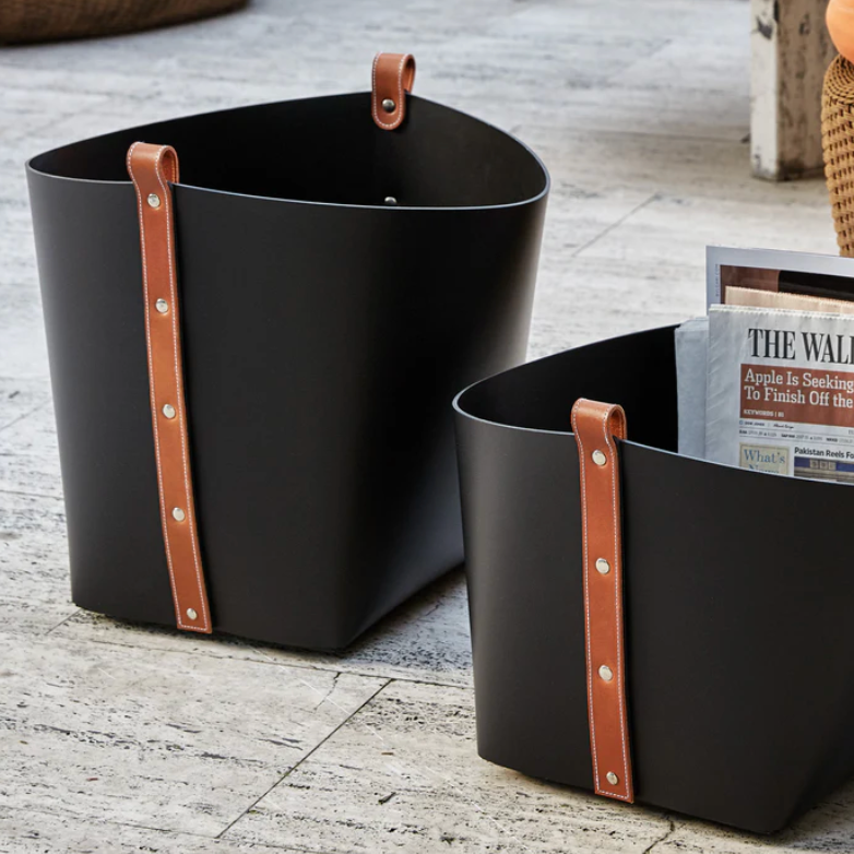 Big Leather Basket with Tan Leather Belt Handle Strap