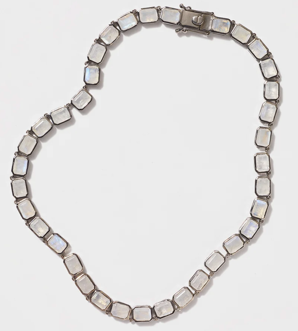Nakard Riviere Deco Tile Necklace 8mmx6mm Emerald Cut Rainbow Moonstone Baguettes