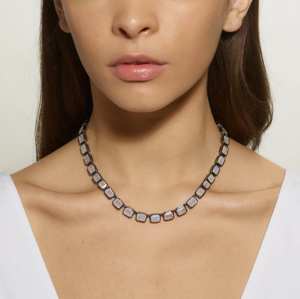 Nakard Riviere Deco Tile Necklace 8mmx6mm Emerald Cut Rainbow Moonstone Baguettes