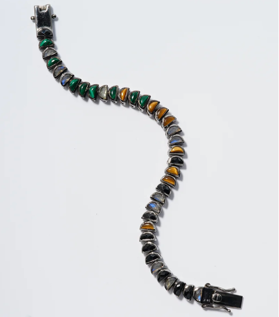 Nakard Worm Bracelet, Smooth Malachite, Smooth Tiger's Eye, Faceted Labradorite, Faceted Black Spinel