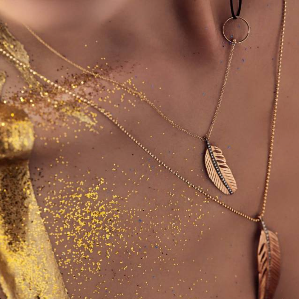 Apriati Brown Cord Necklace with 18kt Gold Feather with Diamonds, 26"
