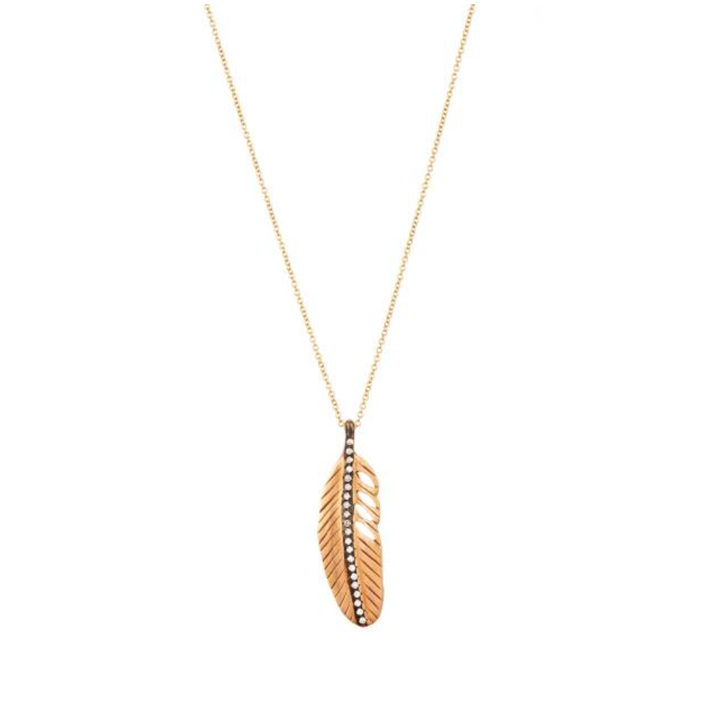 Apriati Brown Cord Necklace with 18kt Gold Feather with Diamonds, 26"
