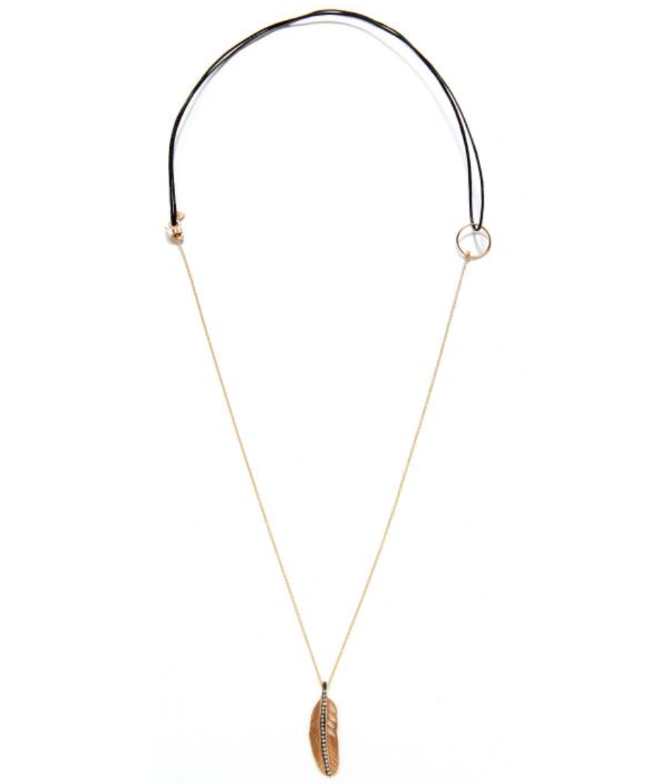 Apriati Brown Cord Necklace with 18kt Gold Feather with Diamonds, 26"