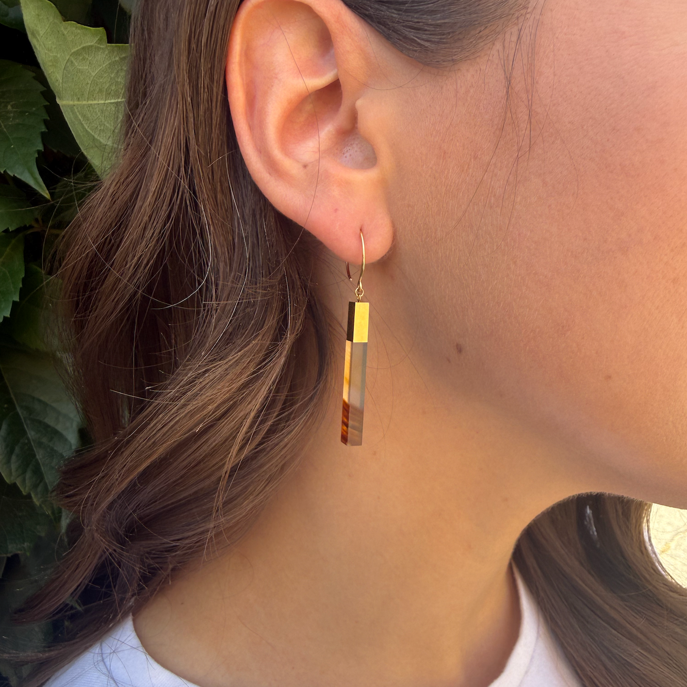 Talkative Pair Pierced Stick Earrings with an 18karat Yellow Gold Hook and Sea Blue Chalcedony