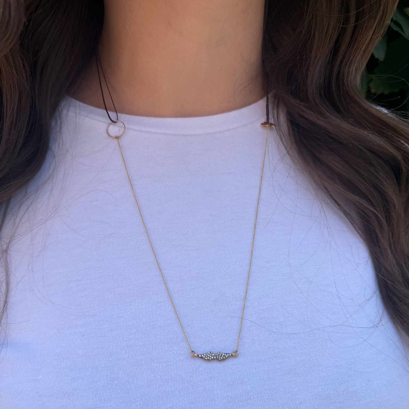 Apriati Brown Cord Necklace with 18kt Gold and Diamond Angel Wings 24"