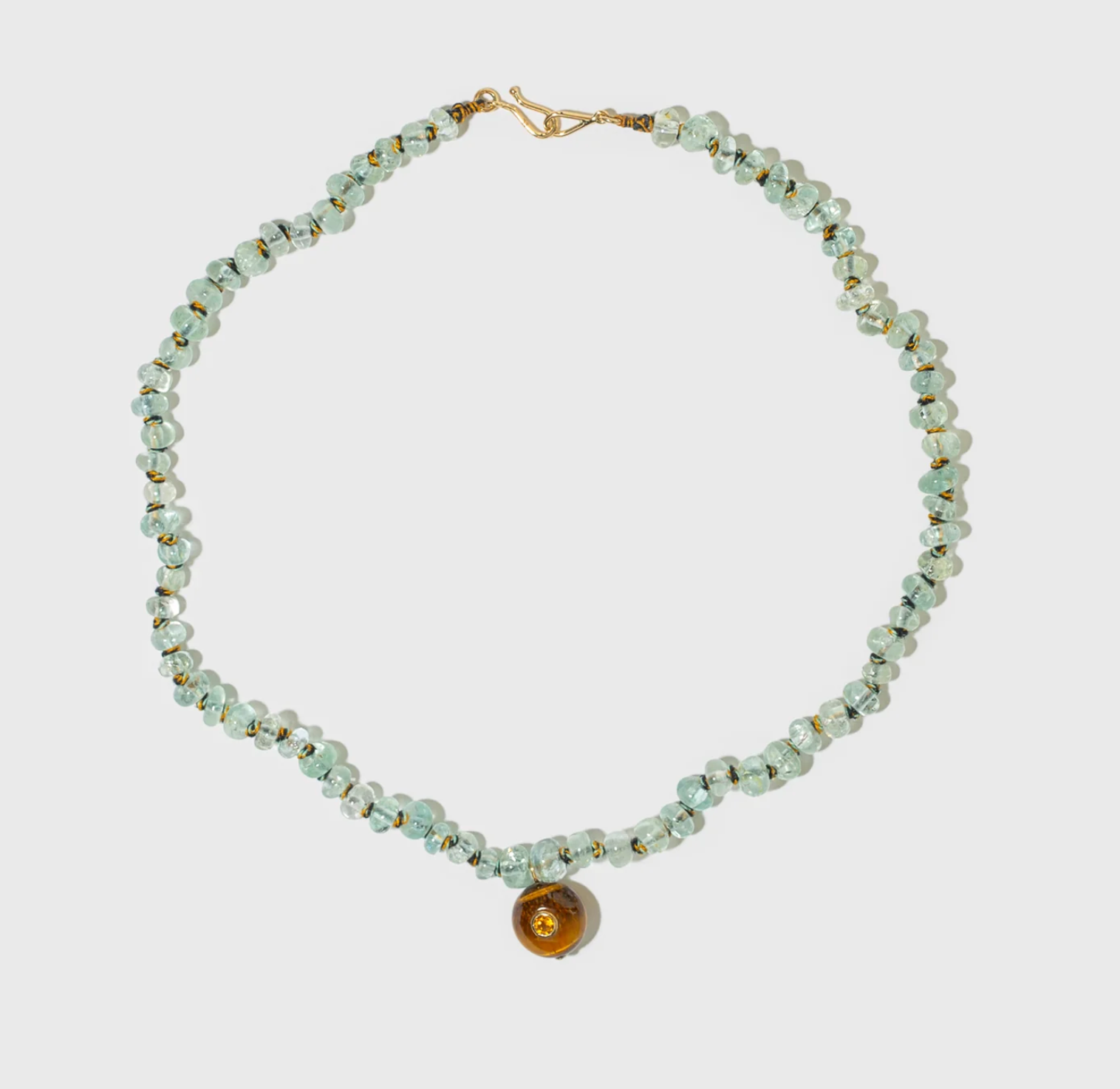 Tamara Taichman Aquamarine Beaded Necklace with a Tiger Eye Pendant Set with a Citrine, 9kt Gold Clasp