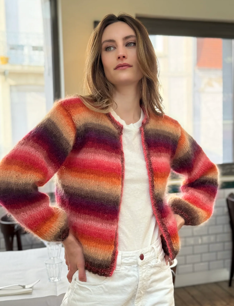 Rose Carmine Warms Rainbow Stripes Mini Cardigan, One Size