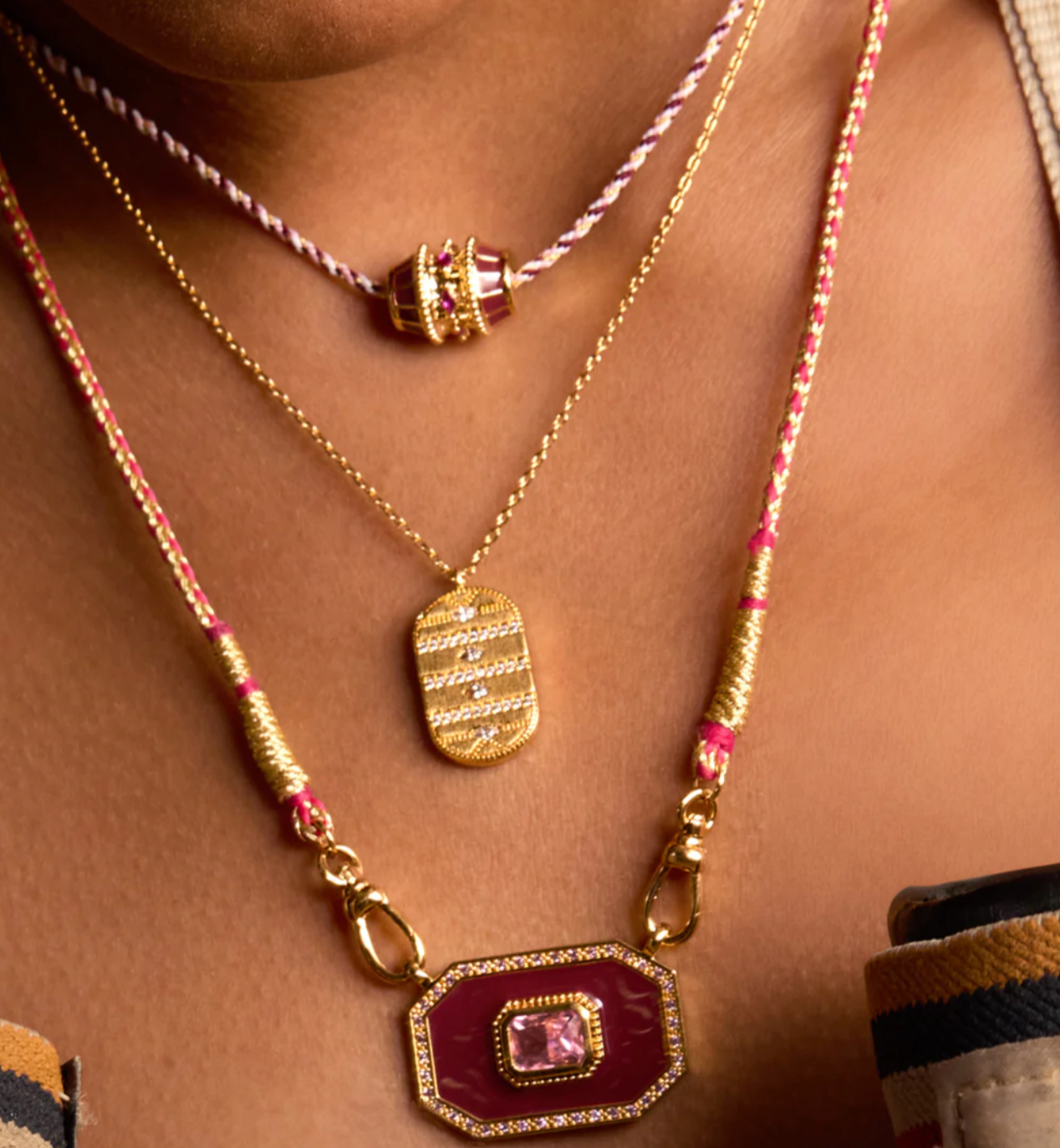Yucatan Cord Necklace with Stone Encrusted Enameled Plate