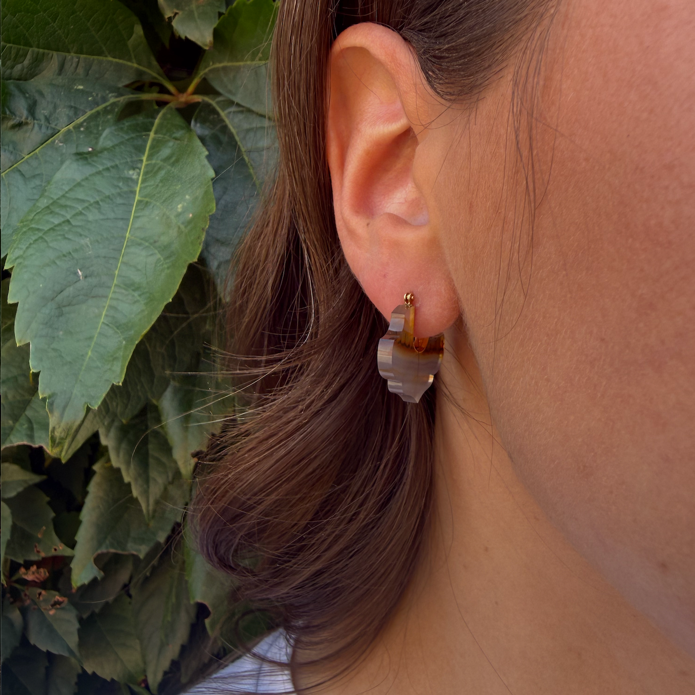 Talkative Pair of Crest Pierced Earrings in 18kt Yellow Gold with Landscape Agate