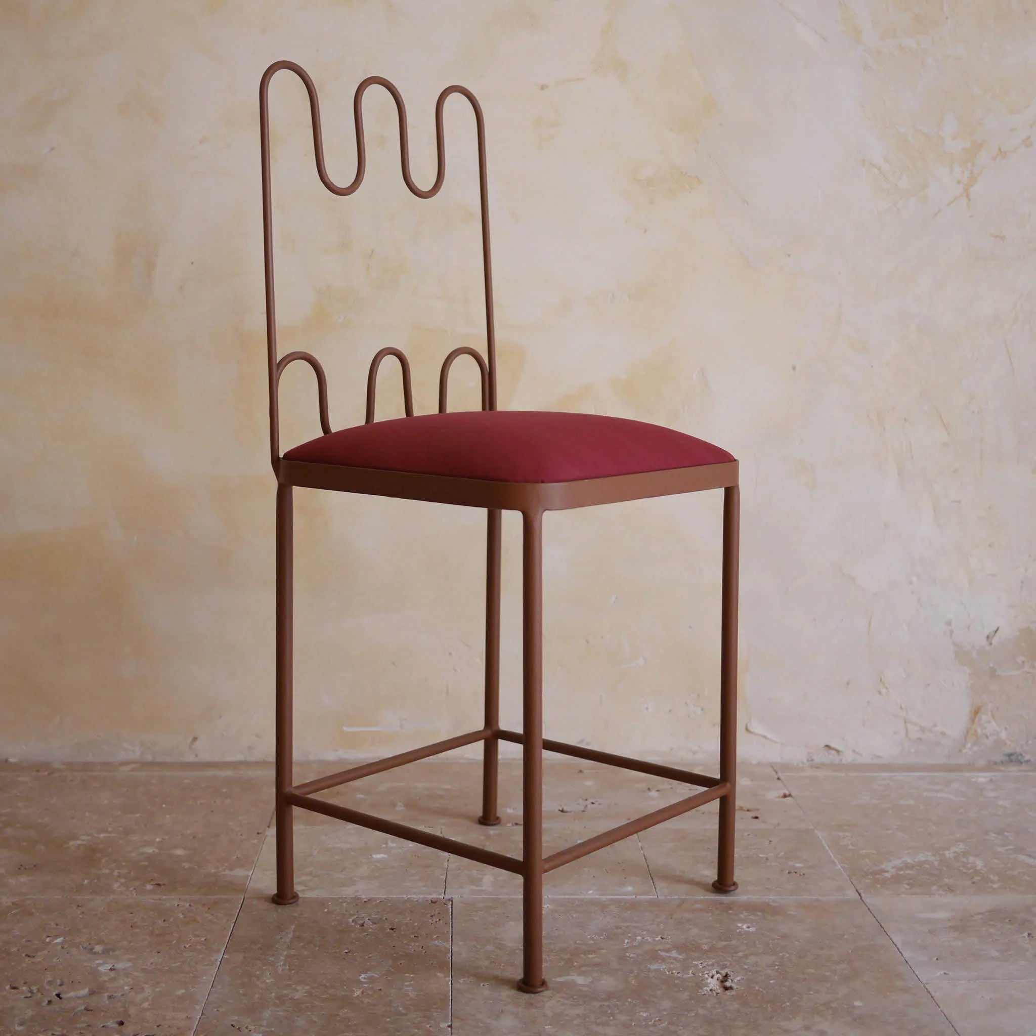 DOLORES Chair Brown Powder Coated Steel Frame with a Burgundy Sunbrella Seat Cushion