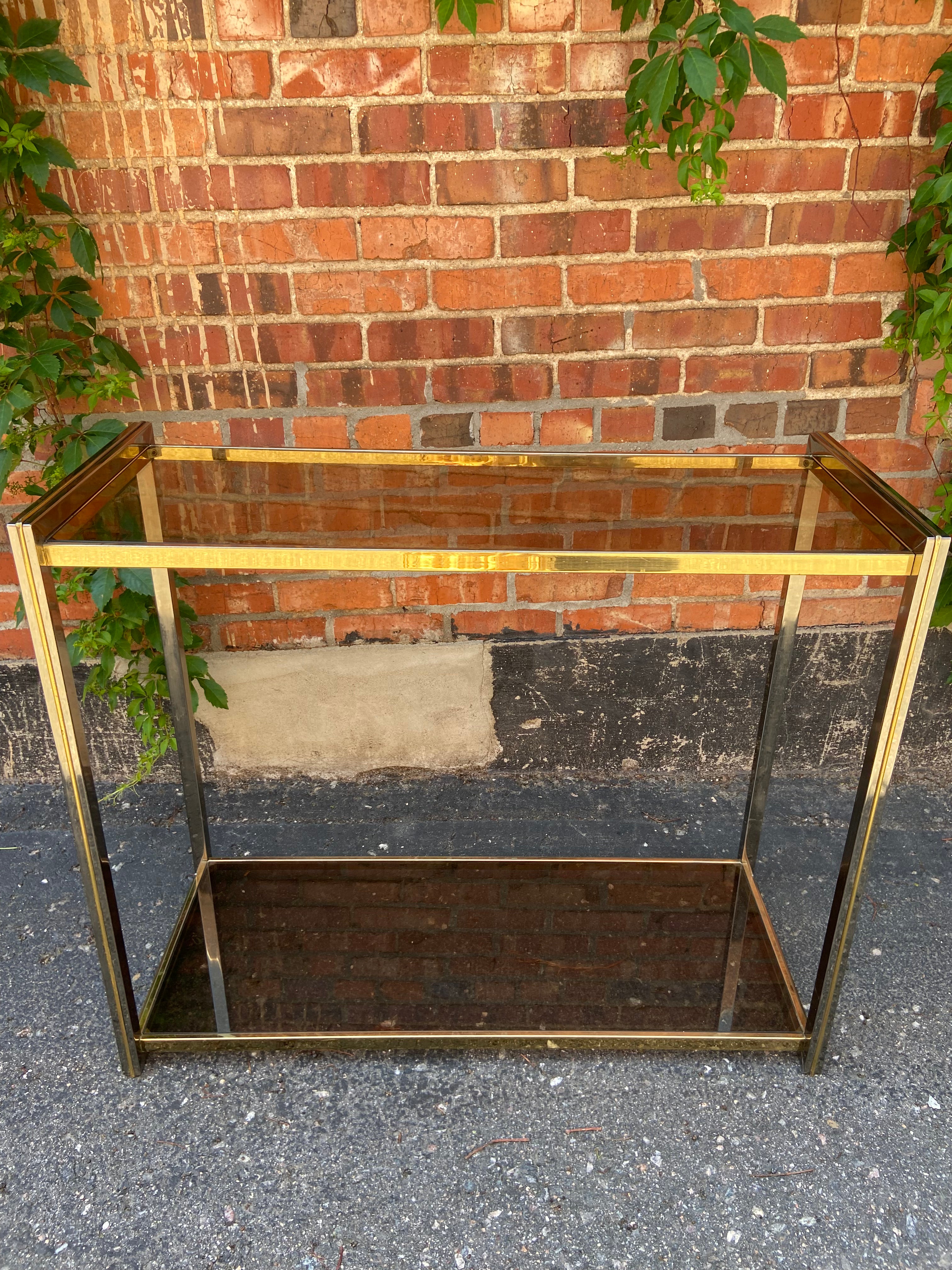 Vintage Italian Smoky Glass Console with Chrome and Brass Frame