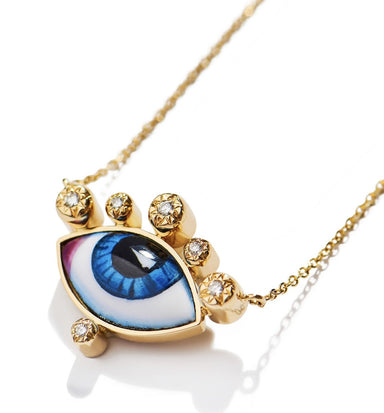 Lito 14K Yellow Gold "Russe Petit Bleu" Necklace with Diamonds and a Small Blue Enameled Eye - Homebody Denver
