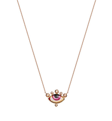 Lito 14K Yellow Gold "Russe Petit Rose" Necklace with Small Pink Enameled Eye and White Brilliant Cut Diamonds - Homebody Denver