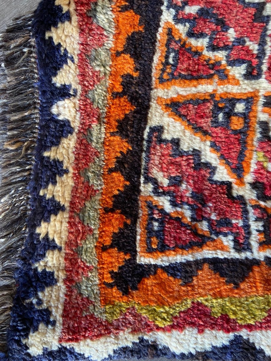 Vintage Wool Gabbeh Rug, Pink with Navy, Ochre, and Orange Pattern 85" x 60" - Homebody Denver