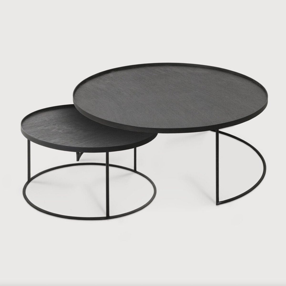 Black Varnished Wood Set of 2 Round Nesting Coffee Tables with Trays - Homebody Denver