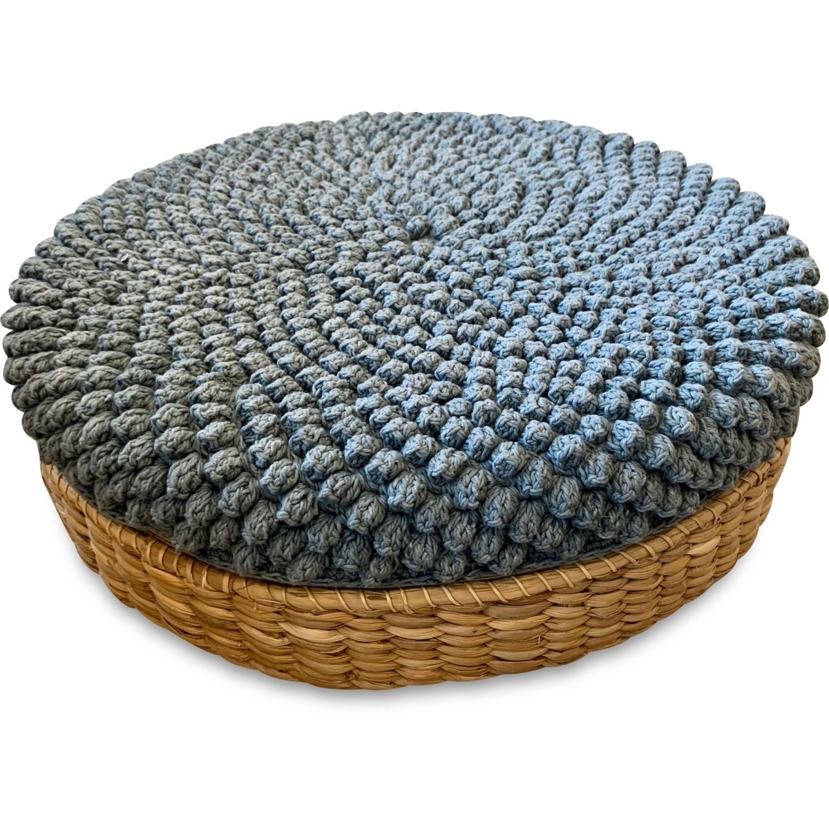 Grey Textured Round Pouf 100% Cotton Fabric with Grass Base 24" x 6" - Homebody Denver