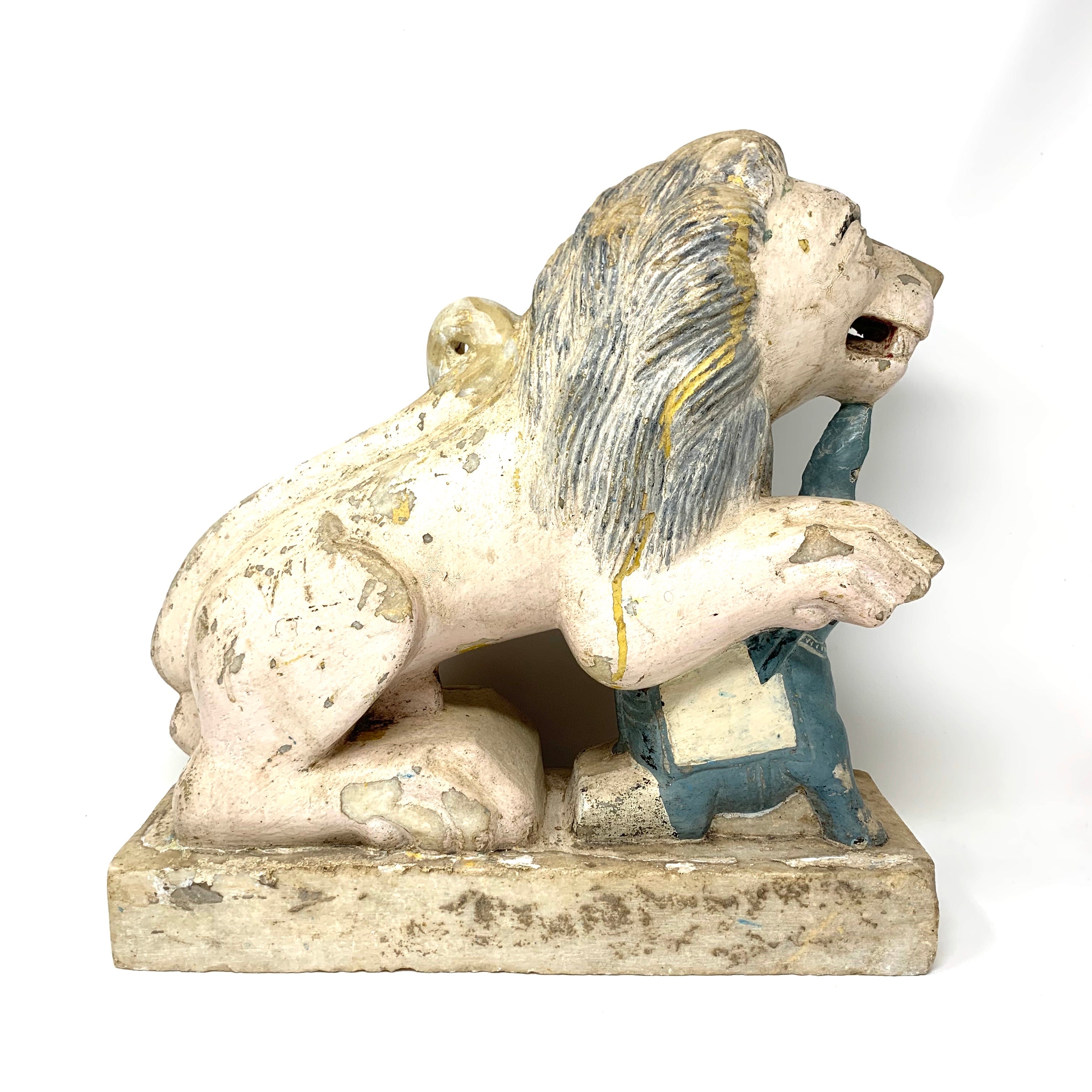Antique Sitting Lion in Sculpted Stone and Lacquer 19th Century