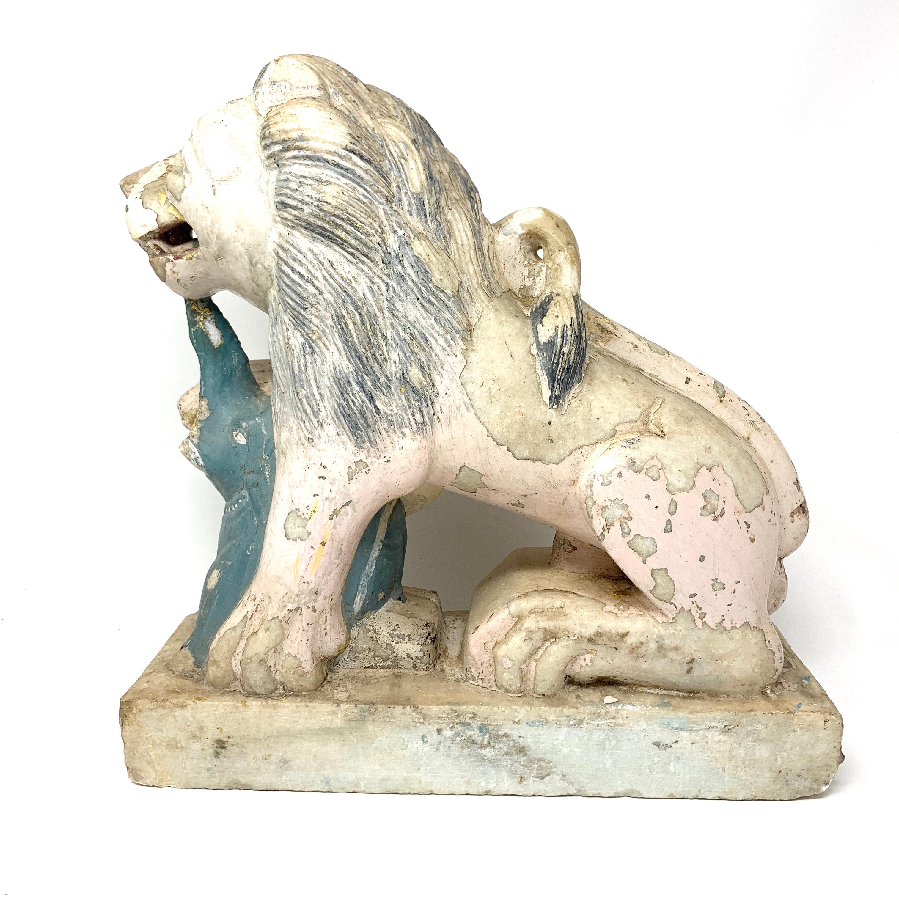 Antique Sitting Lion in Sculpted Stone and Lacquer 19th Century