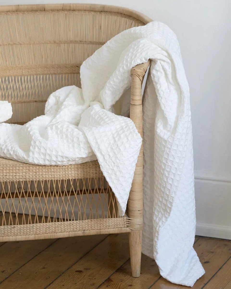 Lattice Weave Cotton Blanket with Linen Border, Queen - Homebody Denver