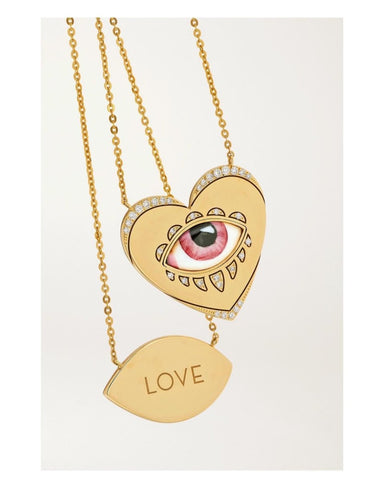 Lito 14kt Yellow Gold Necklace with Pink Enameled Eye Set in Gold Heart with Diamonds - Homebody Denver