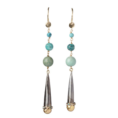 Pair of Dangle Earrings Leslie, 14karat Gold, Oxidized Silver and Multiple Green Stones - Homebody Denver