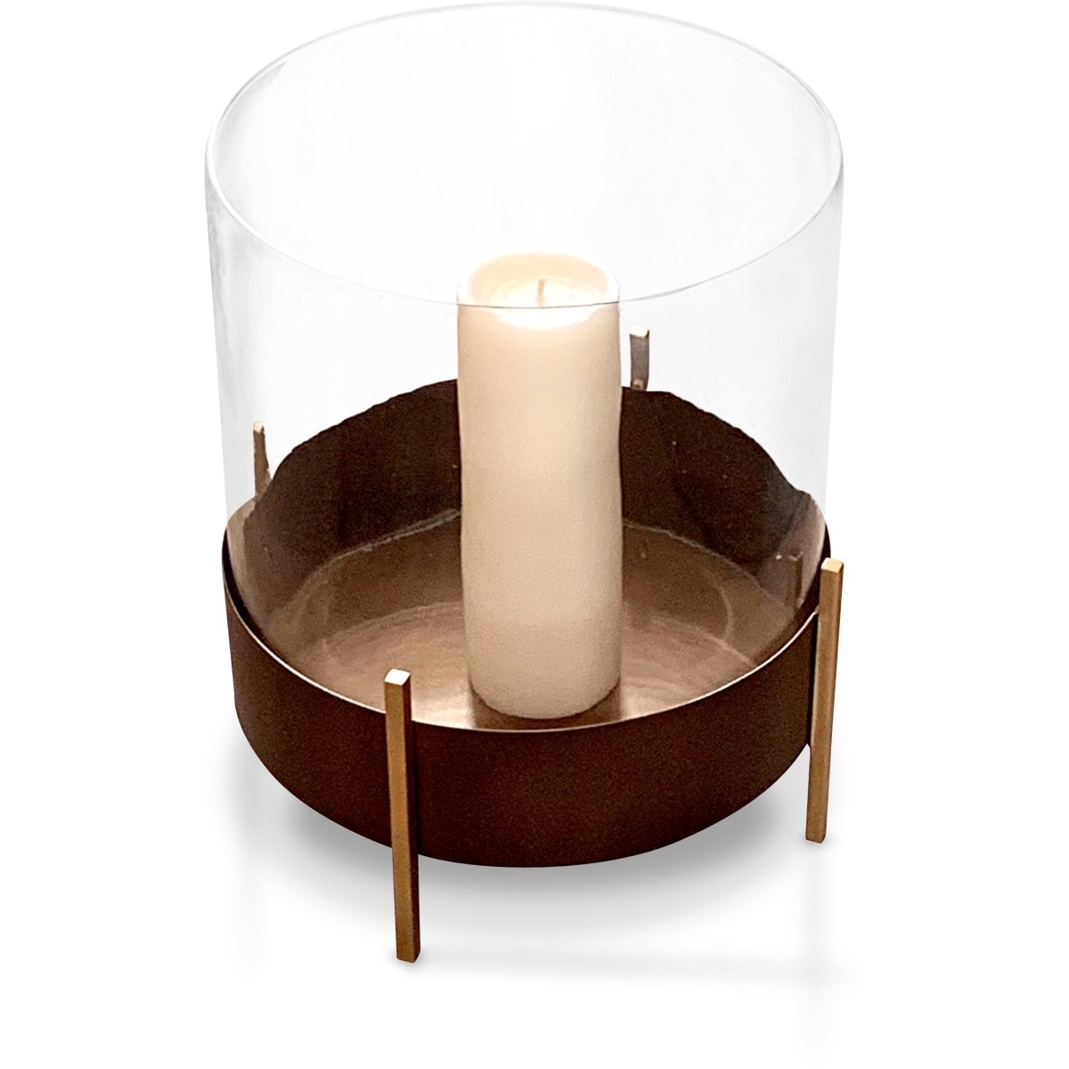 Round Hurricane on Bronze Base with Gold Feet and Gold Luster Glass - Homebody Denver