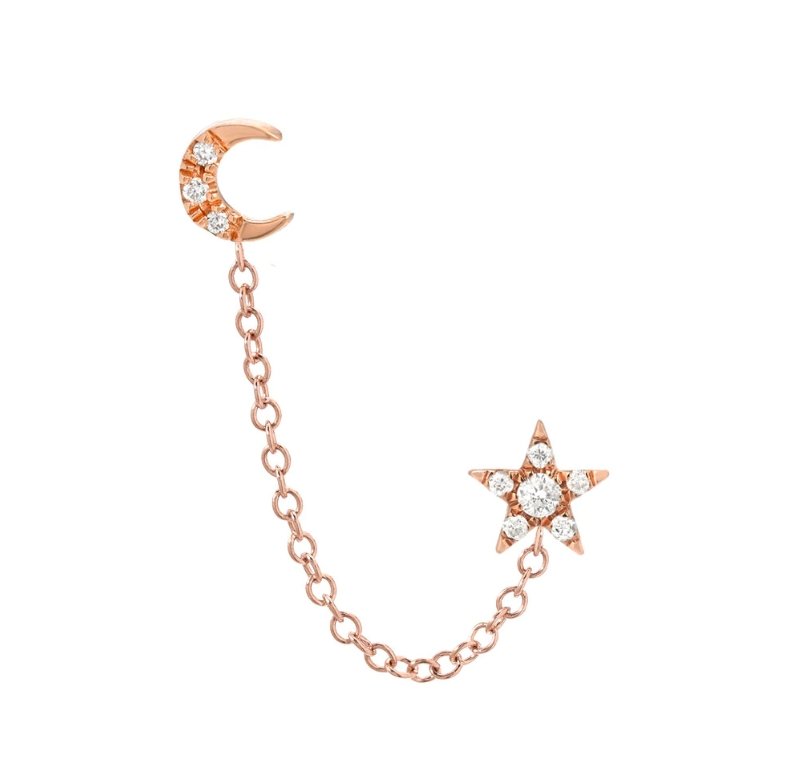 Single Extra Petit Diamond Moon and Star Mini Chain Double Earring, 14kt Rose Gold - Homebody Denver