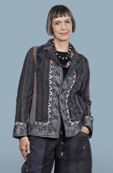 Striped Rallis Kantha Simple Jacket, Black - Homebody Denver