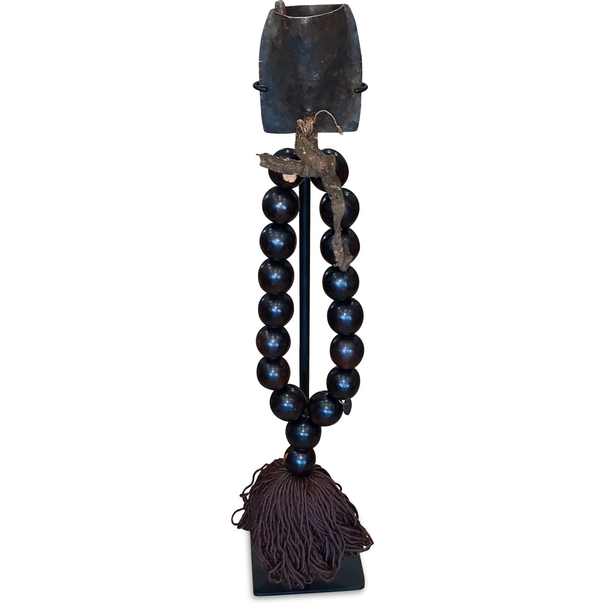Vintage African Wood Bead Sculpture with Brown Yarn, Antique Bell, + Leather - Homebody Denver