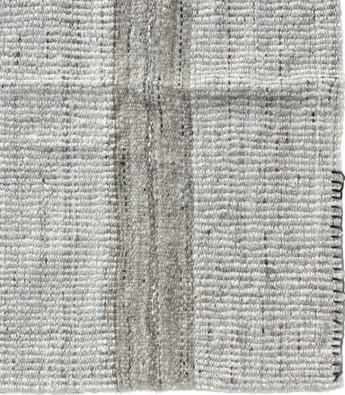 Wool Rug in Natural White and Tan Melange with White Stripe Pattern and Brown Flecks with Black Stitching Details 7.5' x 5.5' - Homebody Denver