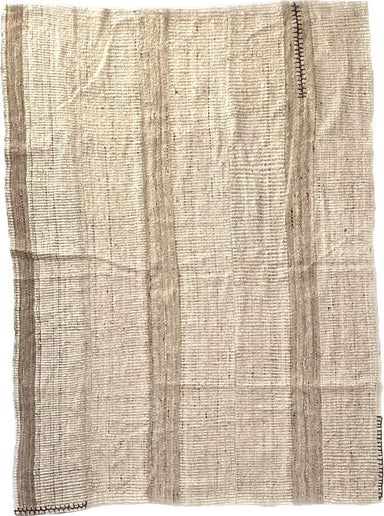 Wool Rug in Natural White and Tan Melange with White Stripe Pattern and Brown Flecks with Black Stitching Details 7.5' x 5.5' - Homebody Denver
