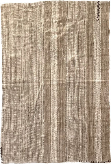 Wool Rug in Natural White, Grey, Brown, and Beige Melange in a Striped Pattern with Black Stitching Details 7.8' x 5.3' - Homebody Denver